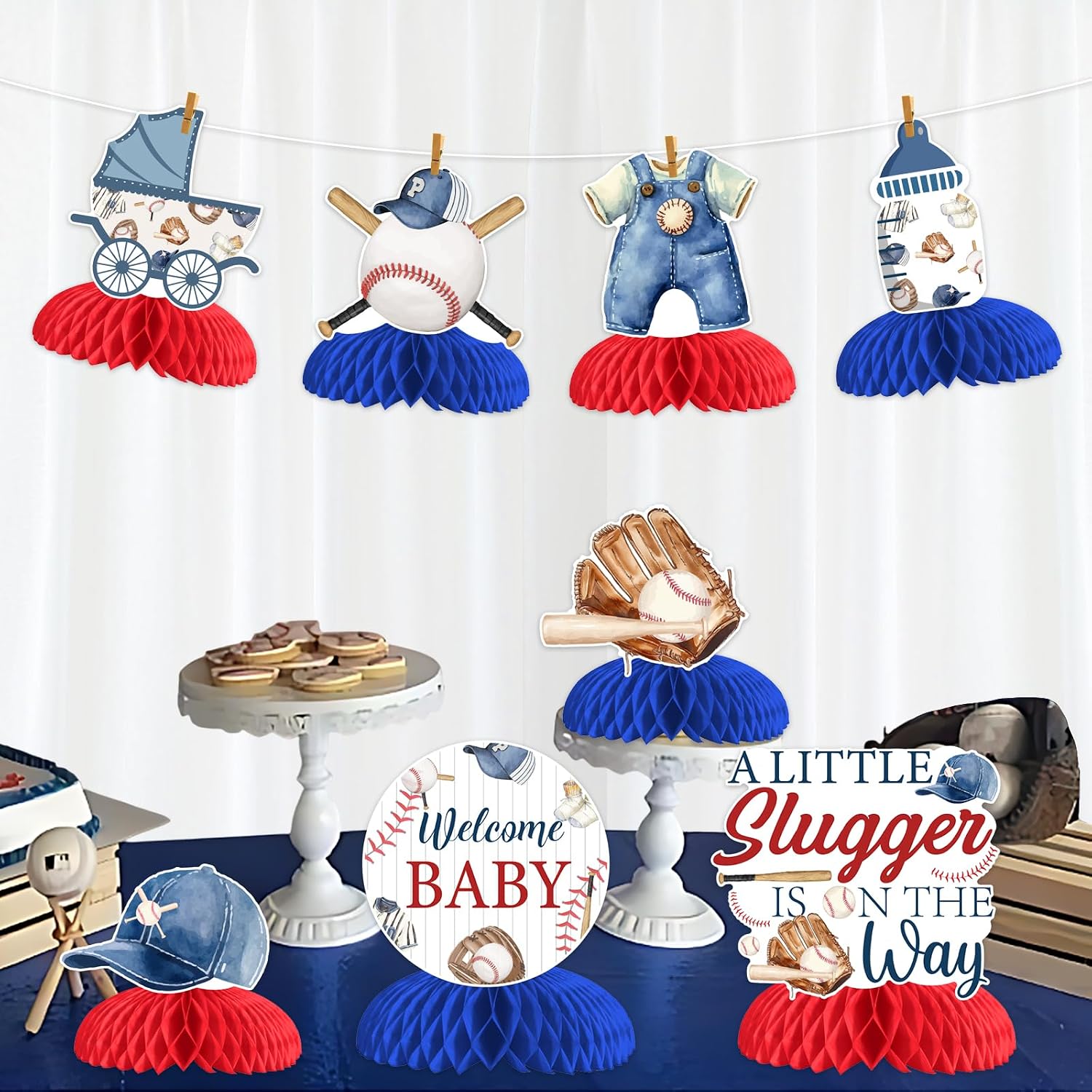 Baseball Baby Shower Decorations 8PCS a Little Slugger is On the Way Honeycomb Centerpieces Baseball Baby Shower Table Decorations for Sports Theme Baby Shower Party Supplies