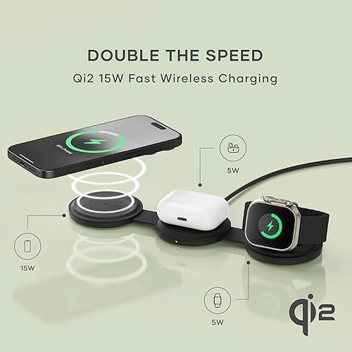 Miniatura 2 de Satechi OntheGo Cargador inalámbrico 3 en 1, cargador portátil Qi2 con carga rápida de 15 W para iPhone 17 a 12 Series, 5W para Apple Watch y 5W