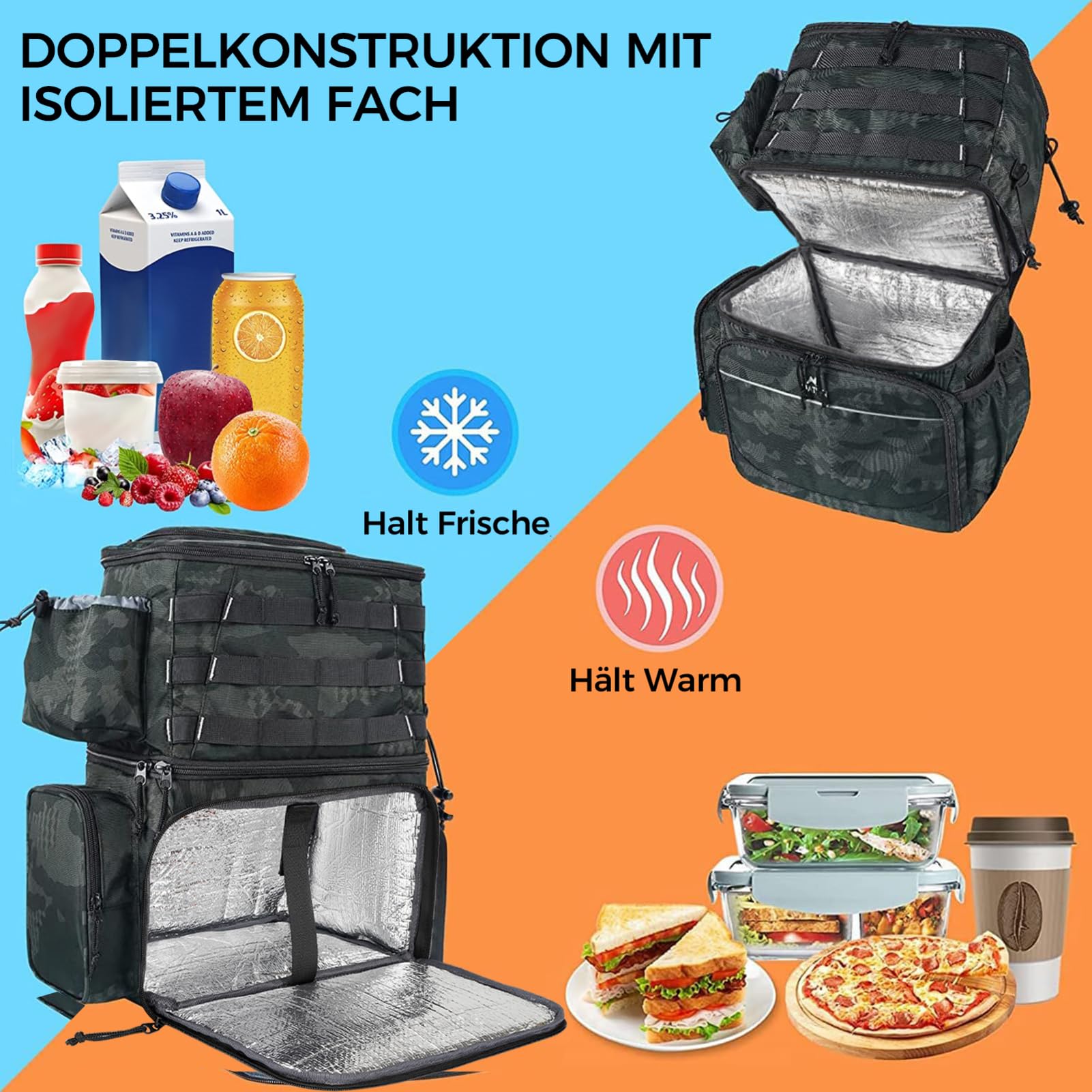 MATEIN Angelrucksack mit Rutenhalter, Wasserdichter Angel Rucksack Herren mit Isoliertes Kühlfach, Angelrucksack für Angeln Wandern Camping Trekking, Geschenke für Angler Männer, Camouflage