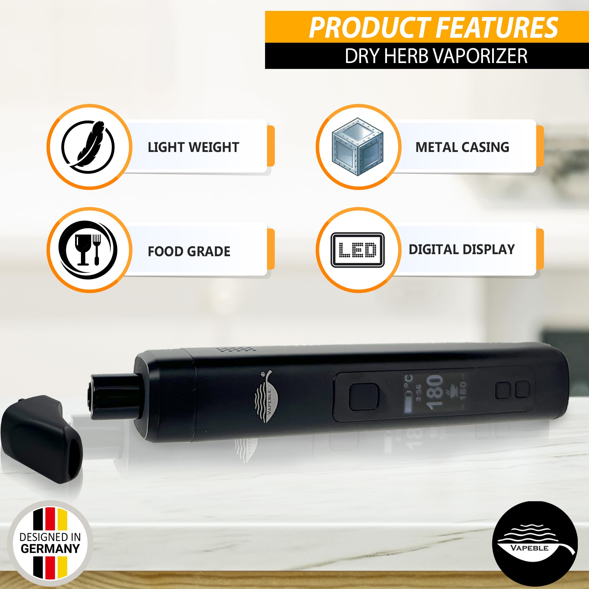 Vaporizer Vapeble moderner Konvektion Verdampfer Glasmundstück, Metallgehäuse wechselbare 3200 mah Batterie, OLED Display stufenloser Temperaturreglung - Verdampft Kräuter, Harze Öle - Kein Nikotin