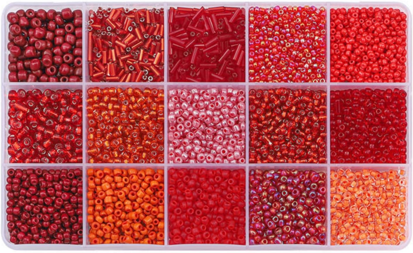 Mix 15 Color Glass Seed Tube Beads Glass Bugle Beads Loose Kit for Jewelry Making DIY Craft Beading (Mix 15 Color, Red)