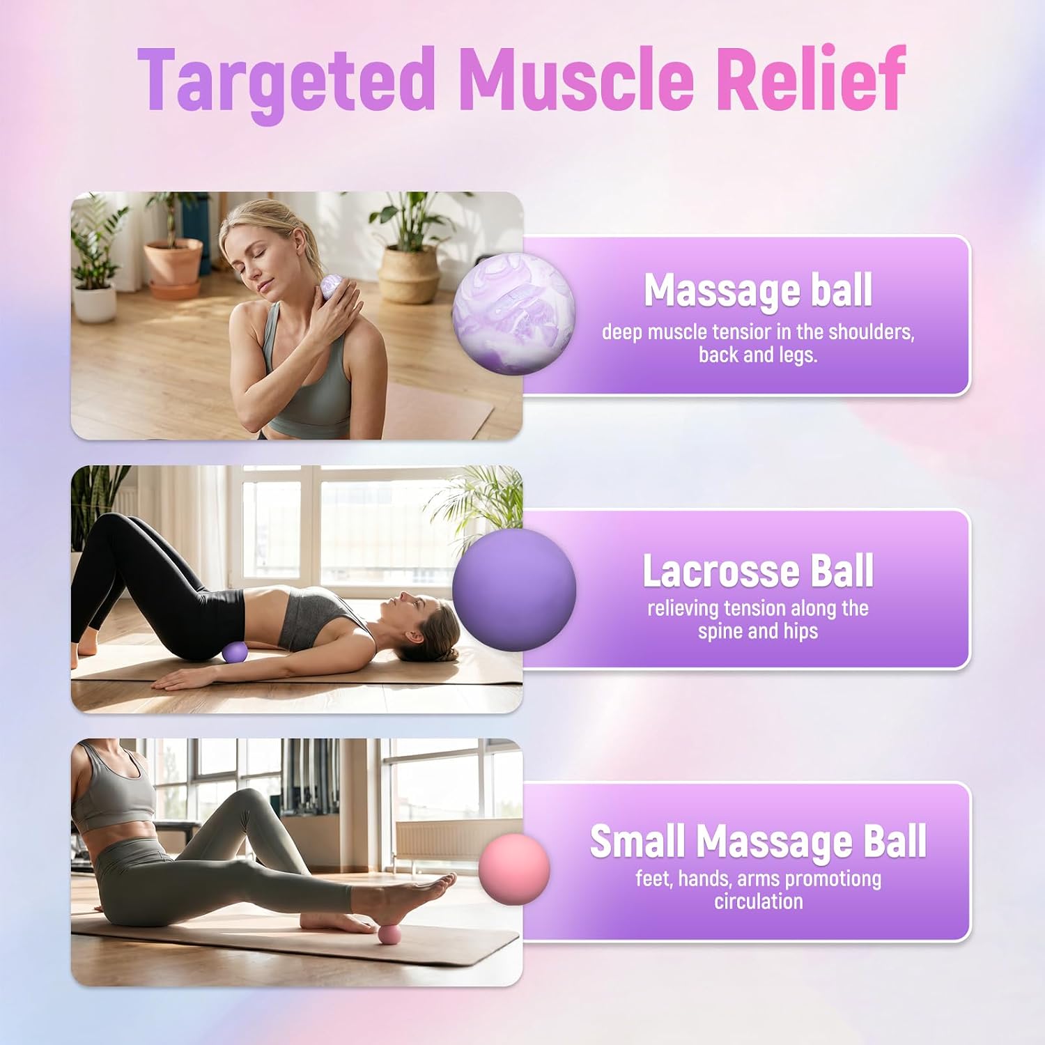 3 Pack Massage Lacrosse Balls, 6.35cm/4cm Massage Balls,Full Body Hardness Deep Tissue Muscle Relief, Release & Trigger Point Therapy, for Yoga Fitness Home Office Relaxation