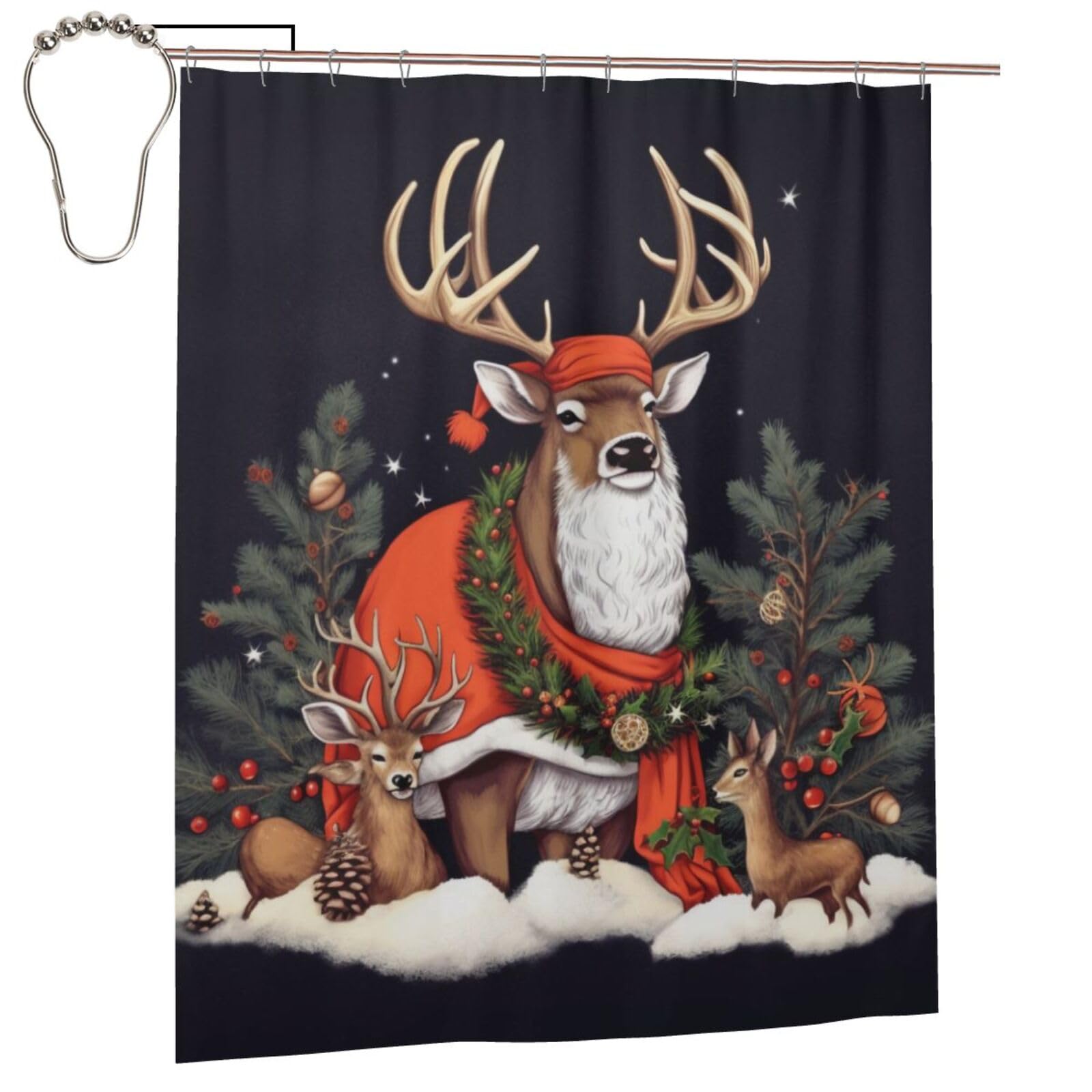 BWWHCCTI Christmas Deer Printed Shower Curtain With 12 Iron Hooks Opaque Quick Drying Waterproof Shower Curtains Sets For Bathroom 152x183 Cm