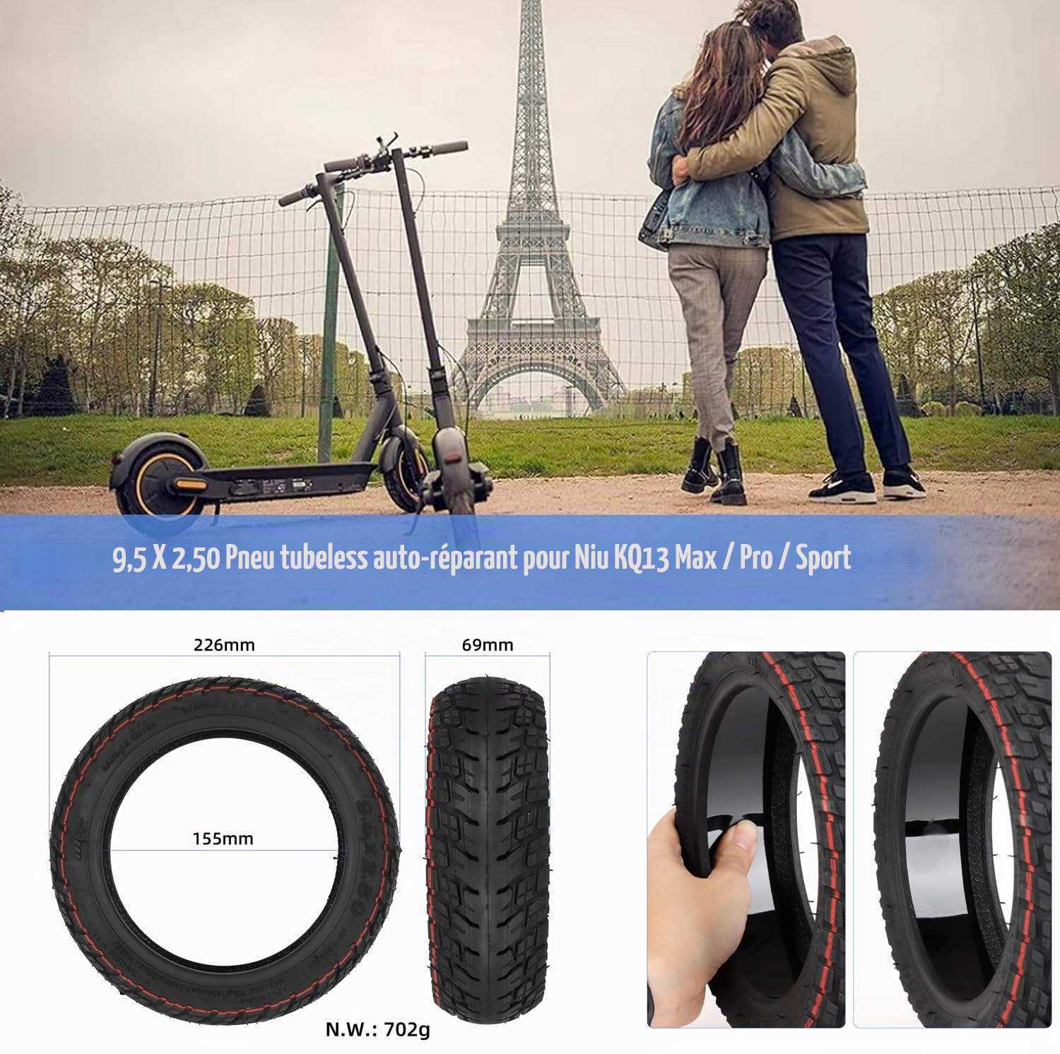 9,5 x 2,50 Pneu Tubeless Auto-Réparable pour Niu KQI3 Max/Pro/Sport Trottinette Électrique de Remplacement 9,5 Pouces Pneu Offroad à Vide Accessoires (9,5 x 2,5 Pneu Auto-Réparable * 2)