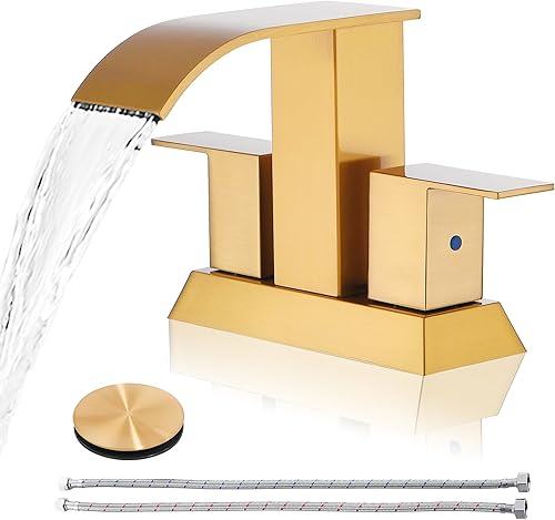 Miniatura 9 de Grifo de baño con cascada dorada de 3 agujeros, grifo de lavabo de baño de 8 pulgadas  Grifos de lavabo de lavabo con montaje de drenaje emergente y