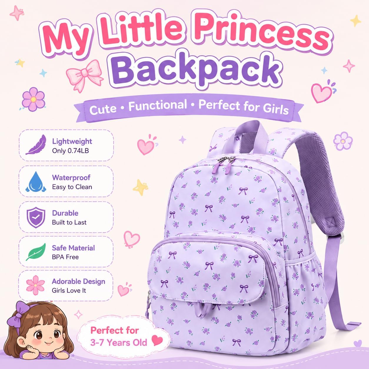 BTOOP Kids Backpack for Girls 4-6, Cute Purple Bow Girls Backpack-Preschool Kindergarten School Bookbag with Insulated Lunch Compartment & Chest Strap for Girl