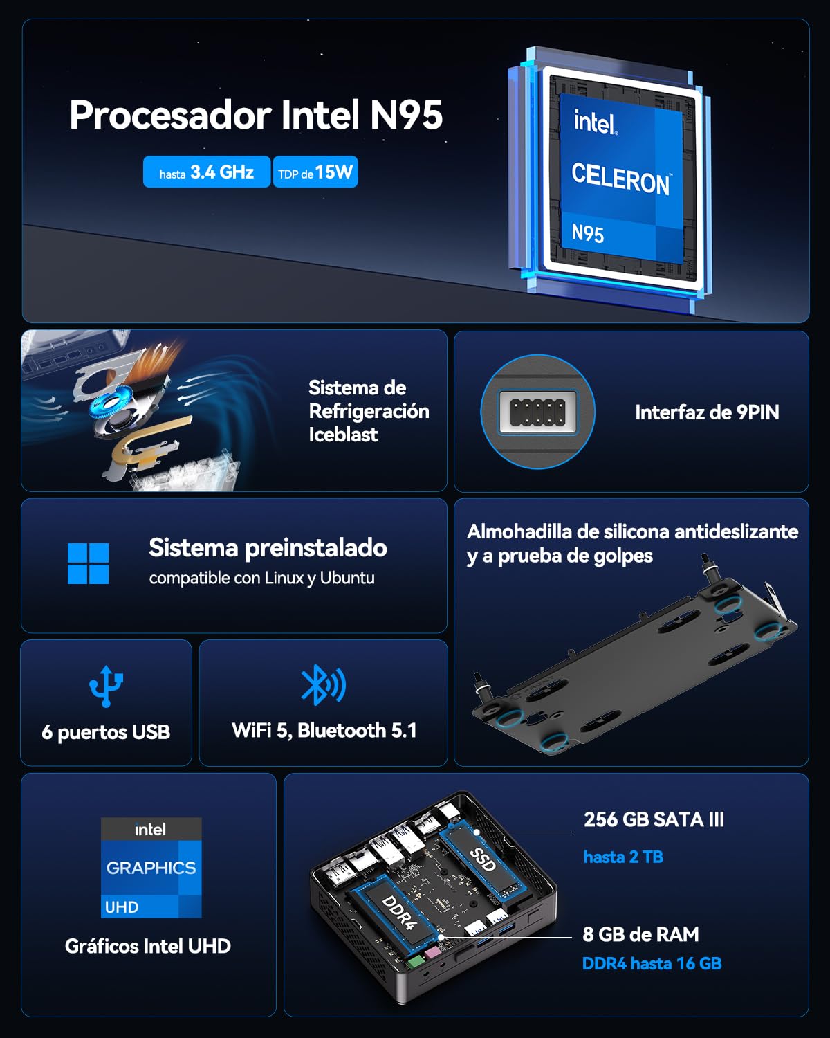GEEKOM Air12 Lite Mini PC - con Alder Lake N95 CPU, 8GB RAM+256GB SSD | Mini Ordenador con Sistema Preinstalado Listo para Usar, 6×USB con 9PIN, Puerto LAN 2.5Gbps, Ideal para Negocio/Hogar/Escuela