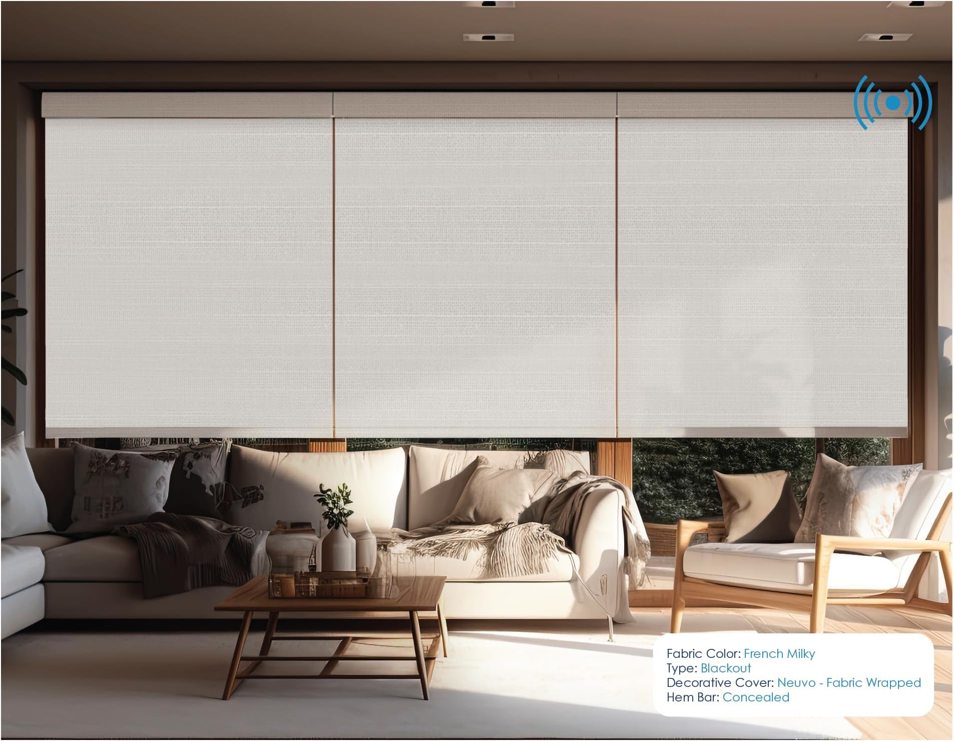 Ready Set Shades Custom Interior Roller Window Shade with Rechargeable Motor + Smart Home Compatible in Blackout Fabric up to 96" W 148" H Made in The USA. (French Milky)