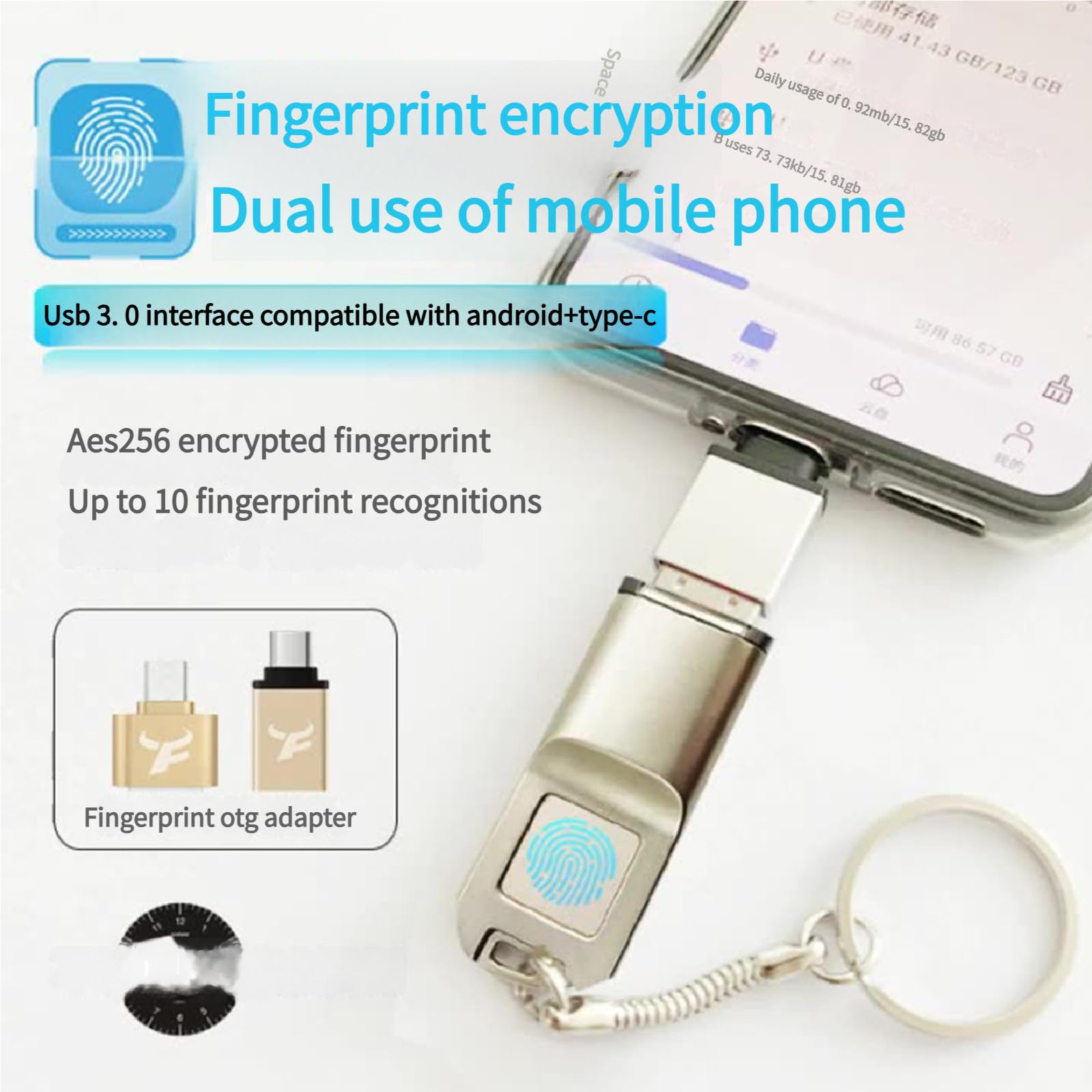 Chiavetta USB sicura con crittografia delle Impronte digitali, chiavette USB con Protezione Tramite Password per l'archiviazione Dati, Fino a 10 ID Impronte digitali 256GB