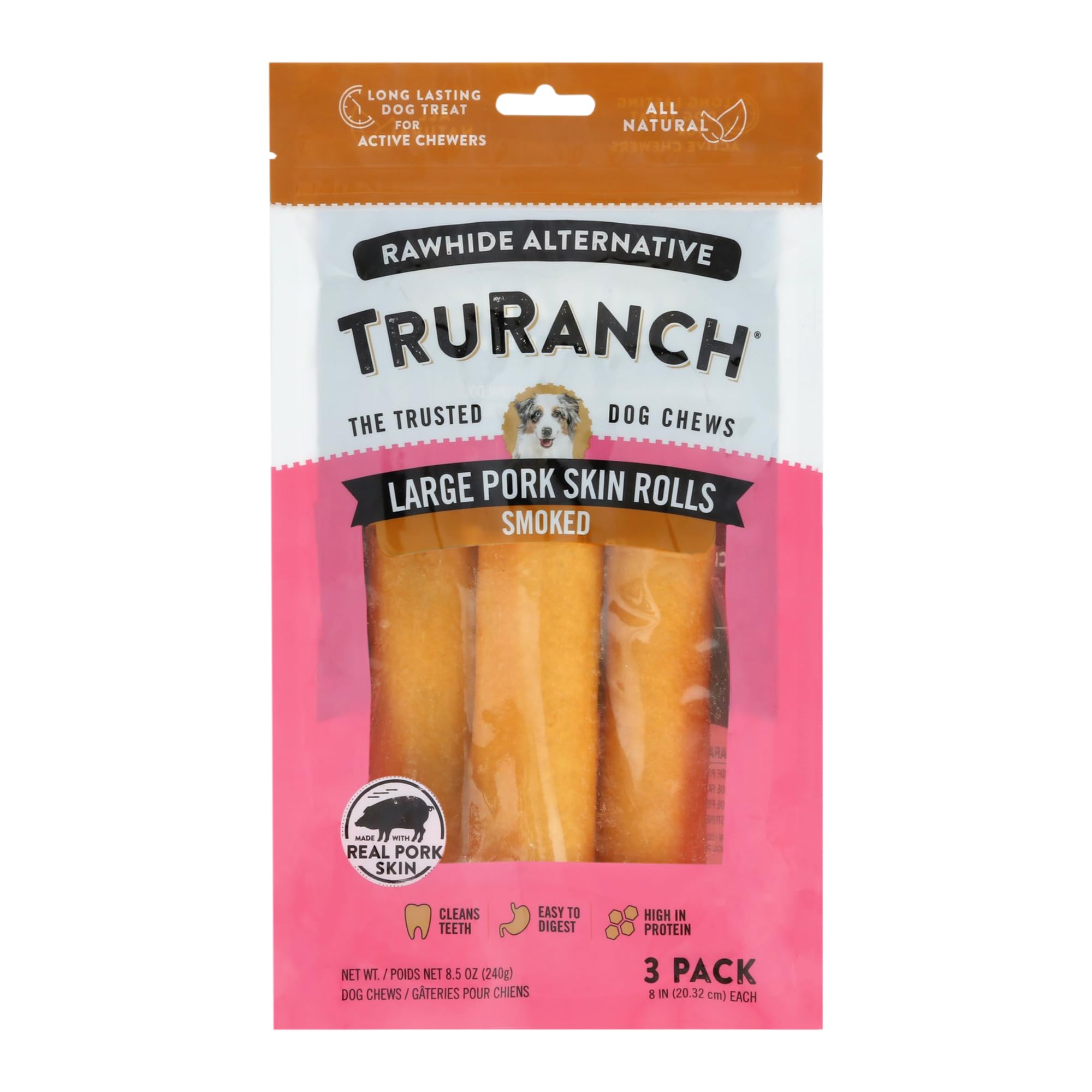 TRURANCH Large Pork Skin Rolls - Smoked Collagen Rolls - Collagen Chews for Dogs - Real Pork Skin - Rawhide Alternative - Easy to Digest Treat, 1 Bag, 3 Count