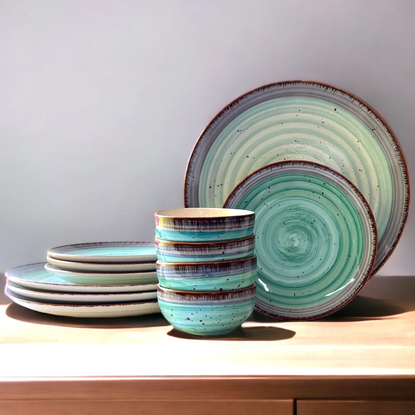 Backspace Retail Hand Painted Ceramic Dinner Set of 12 (4 Dinner Plates, 4 Small Plates and 4 Katori Bowls) Dinnerware Set | Microwave and Dishwasher Safe (12 Pieces) (Green)