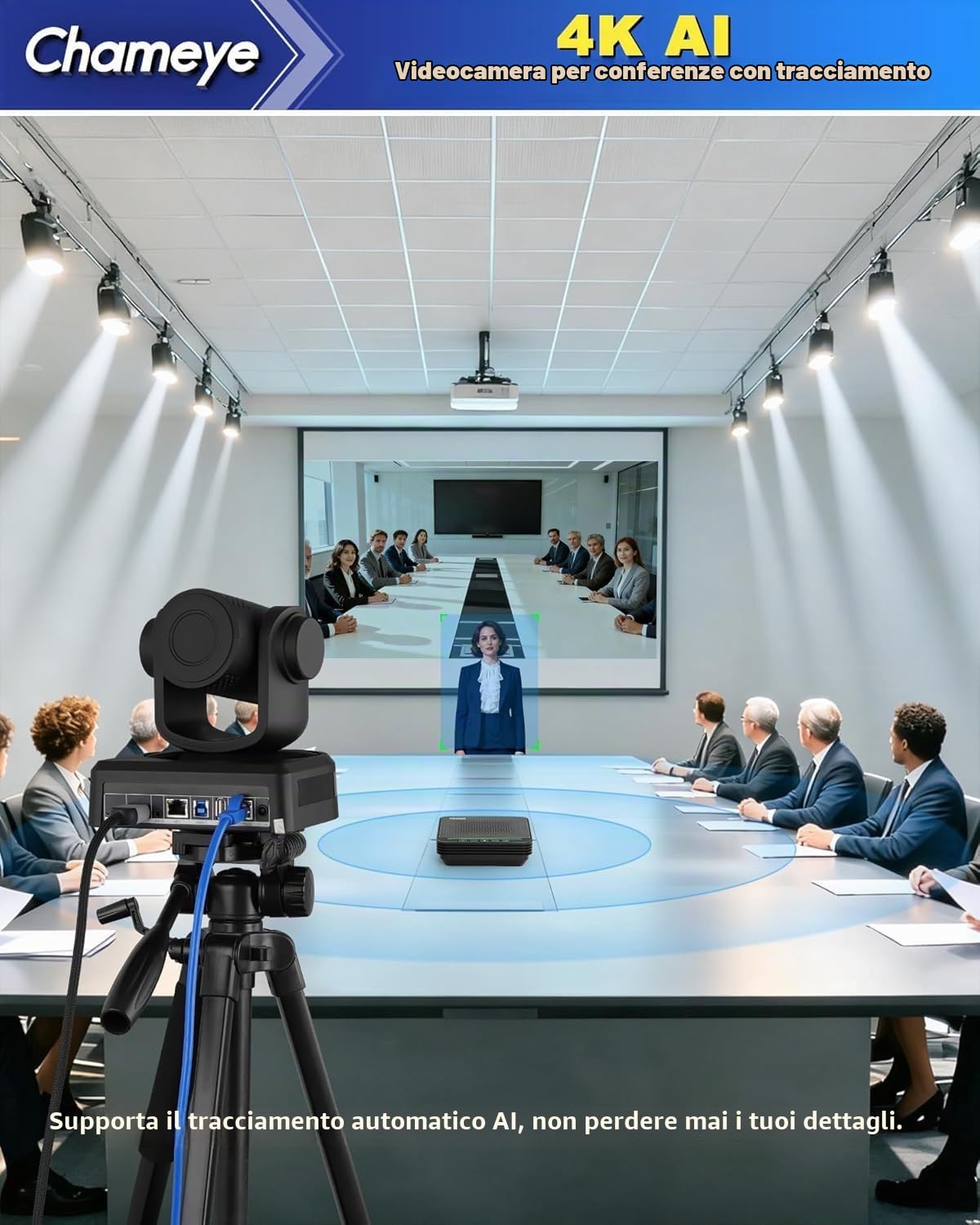 Chameye Set di 4K PTZ telecamera per conferenze con Microfono per conferenza Bluetooth, Zoom 20x, tracciamento automatico AI, USB 3.0, HDMI, telecamera per videoconferenze PTZ per Teams, Zoom (CB201)