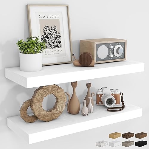 Vista 17 de RICHFOCUS Estantes flotantes de 16 pulgadas para pared, paquete de 2 estantes para dormitorio, cocina, baño, estante flotante de madera rústica Gris