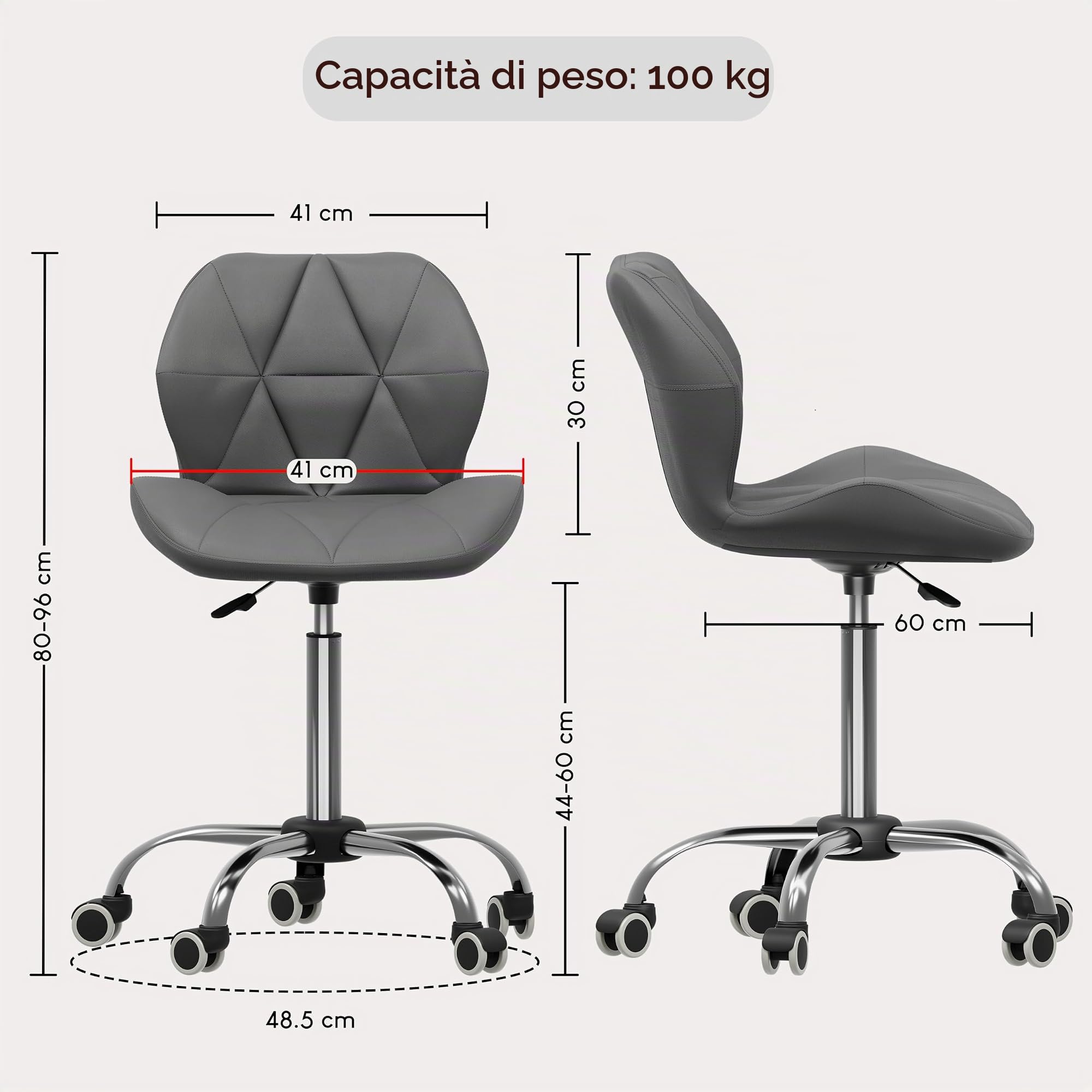 Vida Designs Geo Sedia da Ufficio per Computer, Grigio, Segretario di Gioco Regolabile Gambe Girevoli Sollevabili in Similfinta Pelle Cromata, H 80 96 x W 47.5 x D 49 cm, H 80-96 x L 47,5 x P