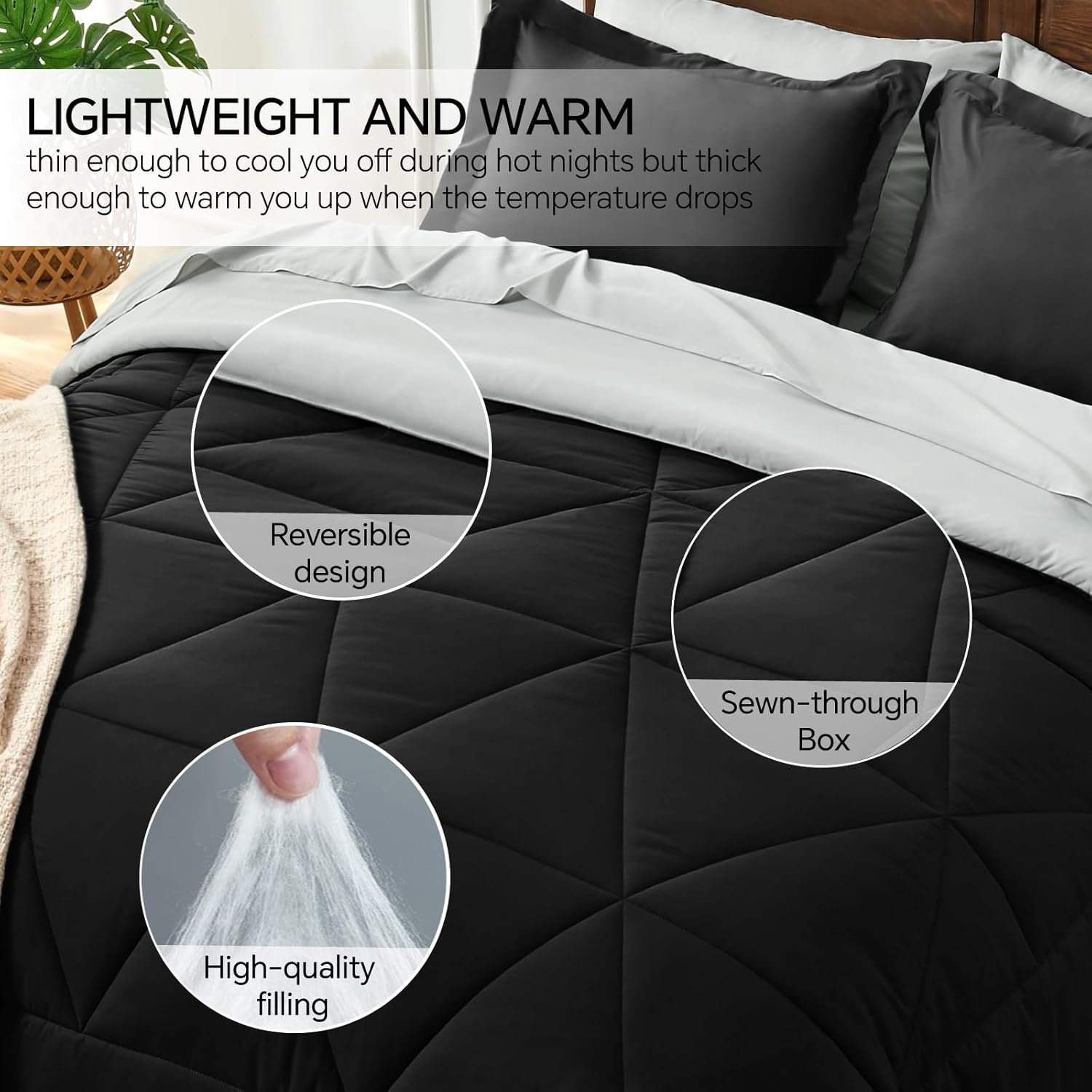 BEDELITE Queen Comforter Set 7 Pieces Bed in A Bag - Soft Microfiber Reversible Black Bed Set with Comforters, Sheets, Pillowcases & Shams, Cozy Luxury Bedding Sets for All Season