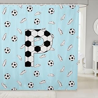 Feelyou Football Soccer Shower Curtain for Bathroom Decor Personalized Initial P Bath Curtain for Stalls Bathtubs Soccer Ball Game Bathroom Accessories Waterproof Polyester with 12 Hooks 72"x72"