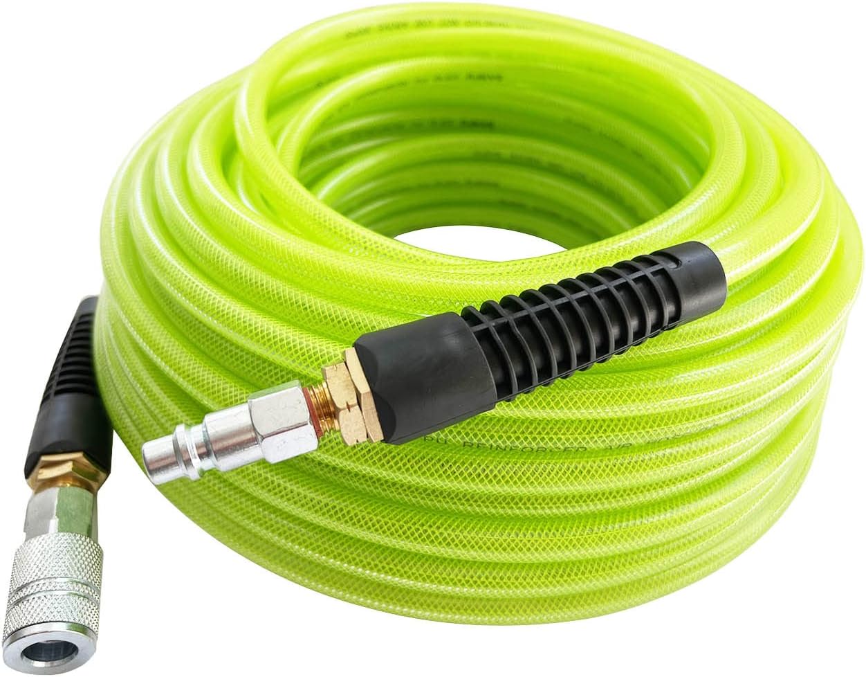 SANFU Polyurethane(PU) Reinforced 3/8”ID x 100ft Air Hose, 300PSI Wear Resistant with 3/8” Reassembled Industrial High Flow Quick Coupler and Plug, Bend Restrictor, Green(100’)