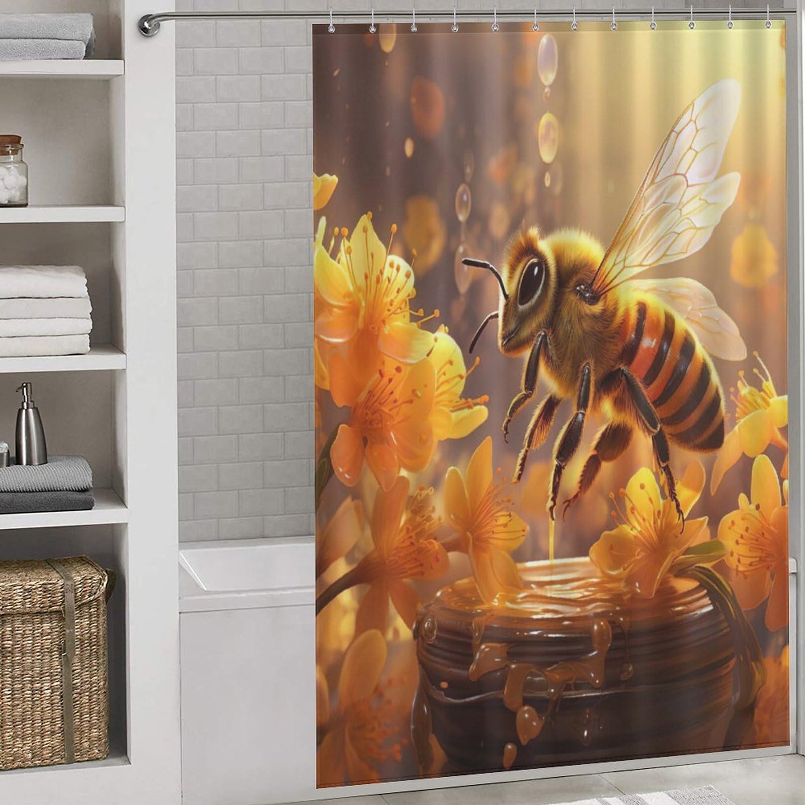 Rideaux de douche en tissu imperméable imprimé abeille pour baignoire 152x183cm