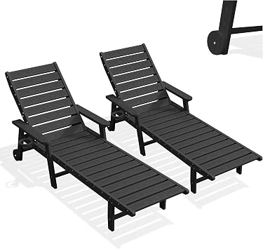AreShark HDPE Lounge Chair Outdoor Set of 2 with Cup Holder, Black
