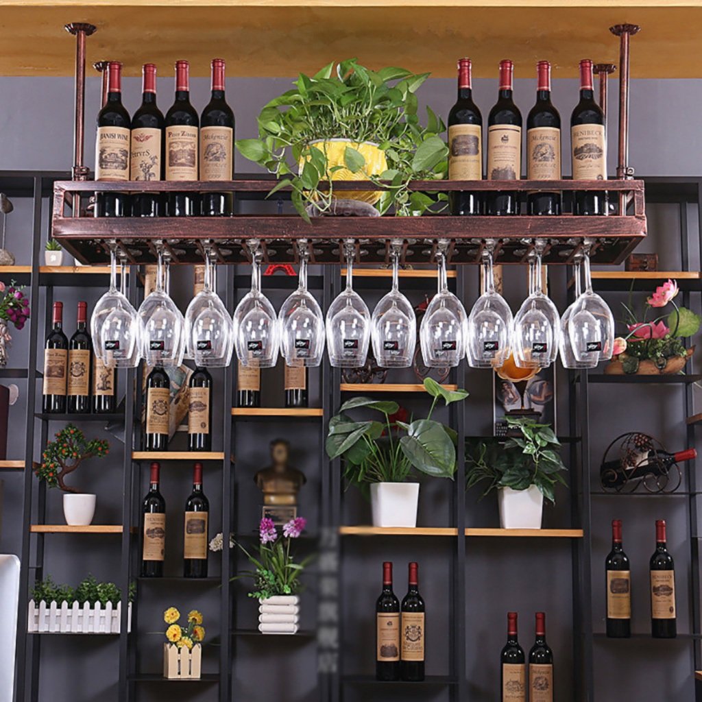 Casier à vin en métal robuste et porte-verre créatif marron L80 cm