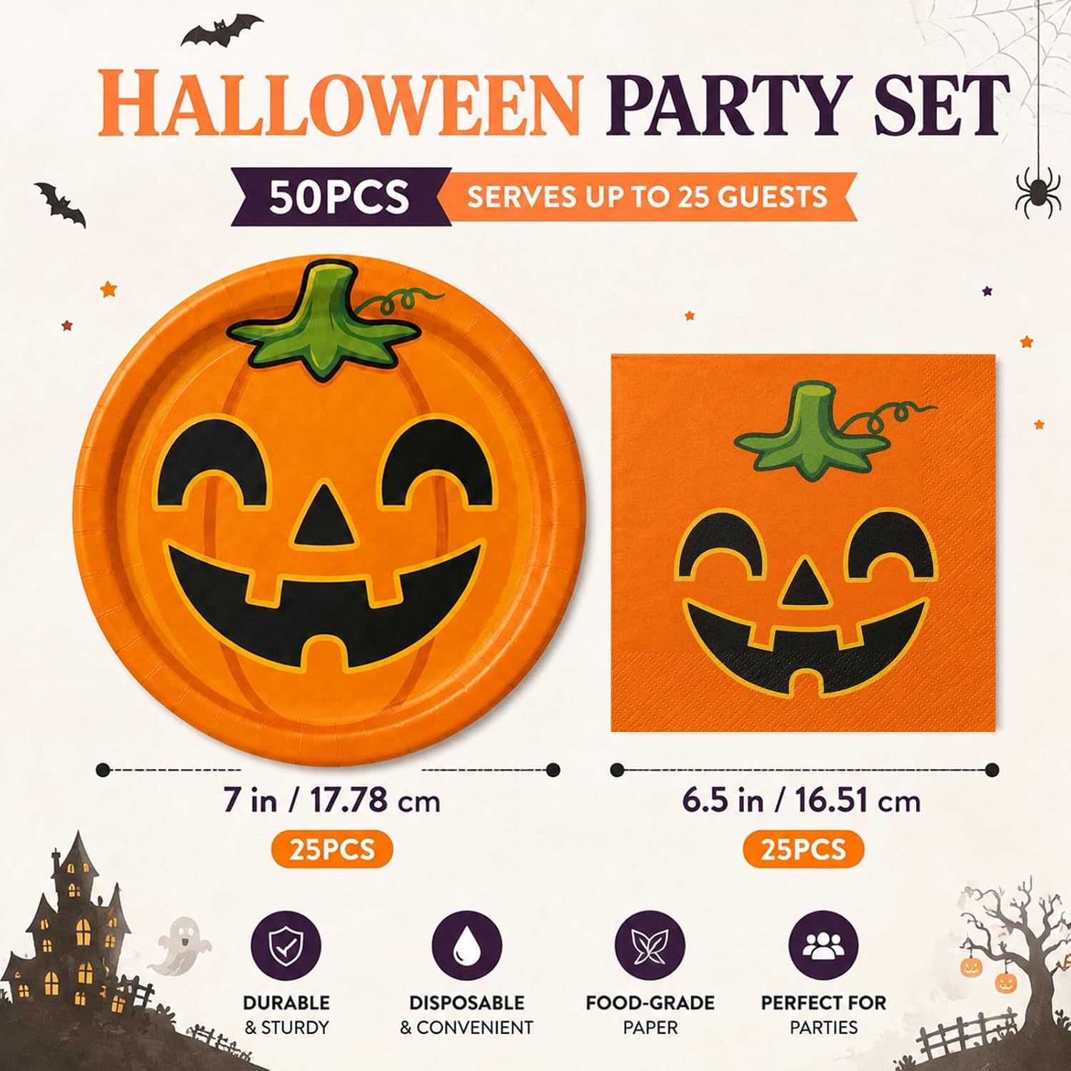50Pcs Halloween Plates and Napkins Set, Pumpkin Party Supplies Tableware image 2