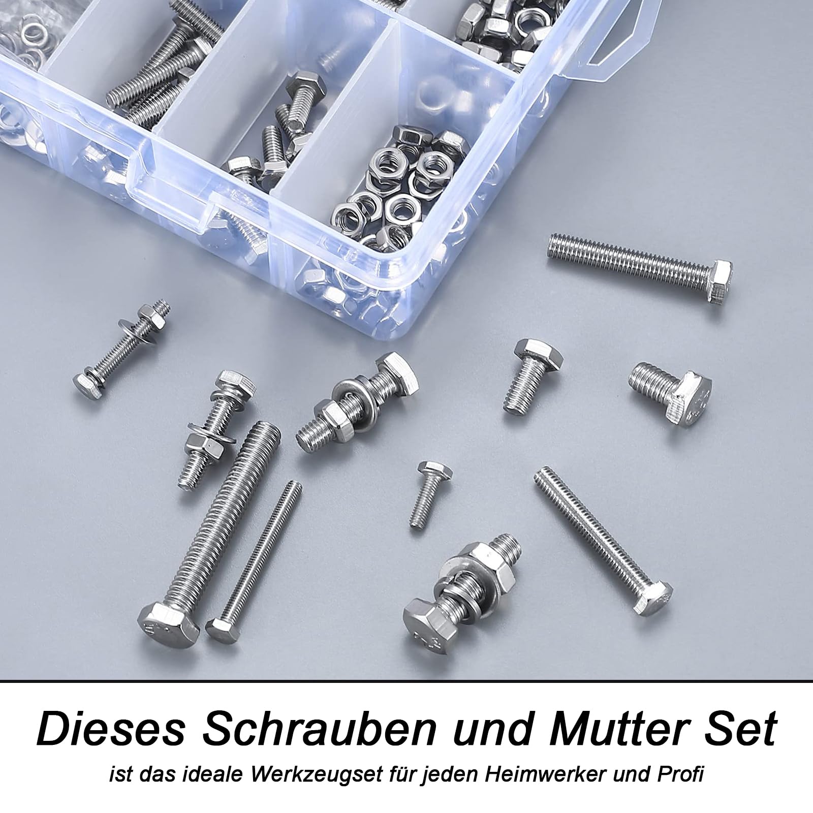 Viti Bulloni e Dadi a Testa Esagonale, 520 Pezzi M3 M4 M5 M6 viti Bulloni e dadi e Rondelle Set, Kit Viti Testa Esagonale in Acciaio Inox, Set di Vitis Filettate con Dadi e Rondelle