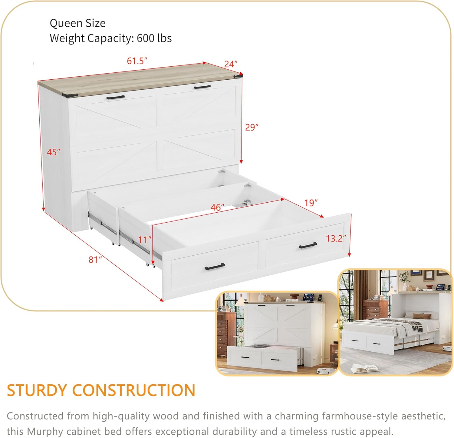 Polib Queen Size Murphy Bed with USB Ports and Storage Drawer, Space-Saving Wall Cabinet Bed with Power Outlet, Convertible Chest Bed for Small Bedrooms, Guest Rooms and Apartments (White + Natural)