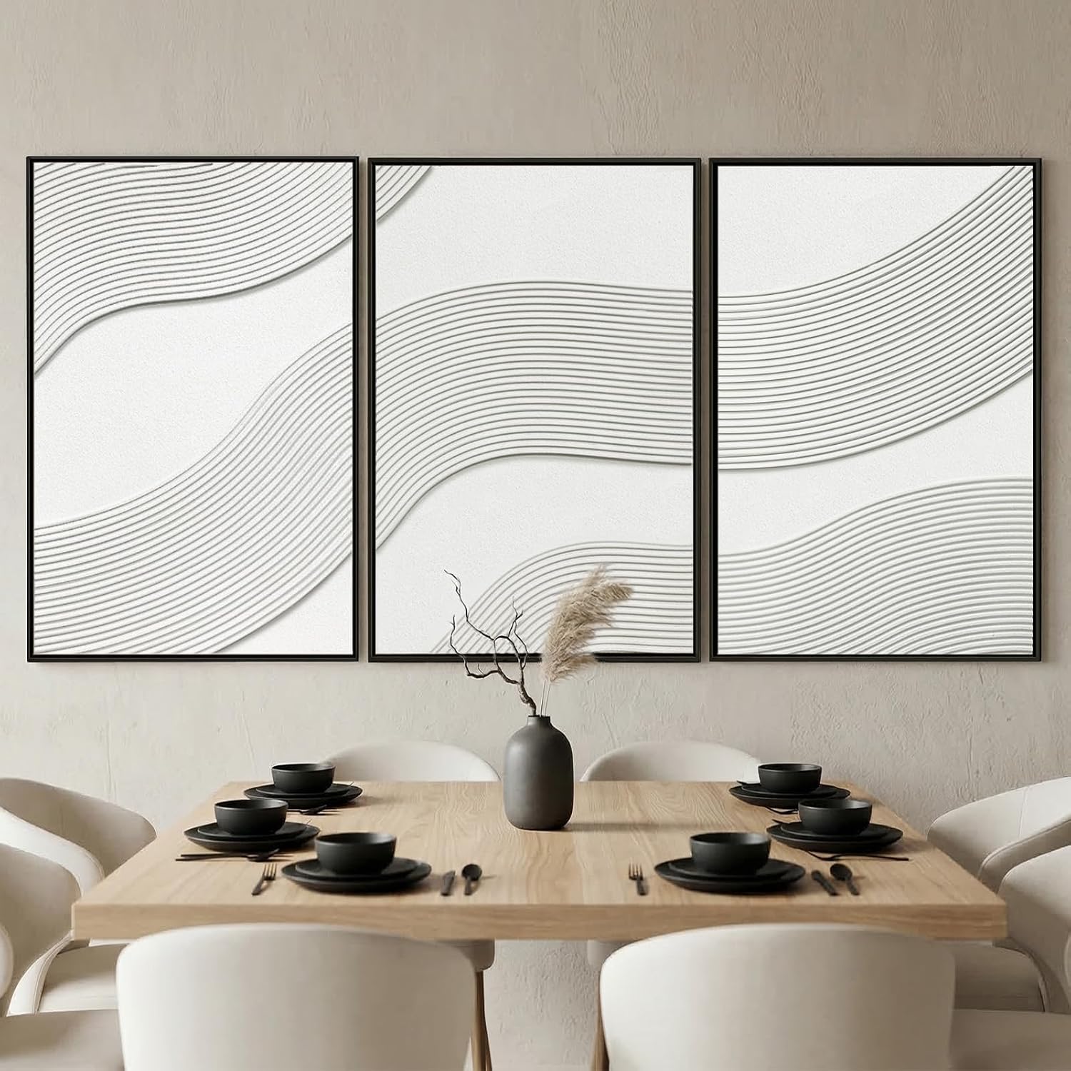 Large 3D Textured Framed Wall Art for Living Room, 3 Piece Minimalist Grey White Sandstone Modern Wall Decor for Home Bedroom Office, 24x36 In (Rhythm Waves)