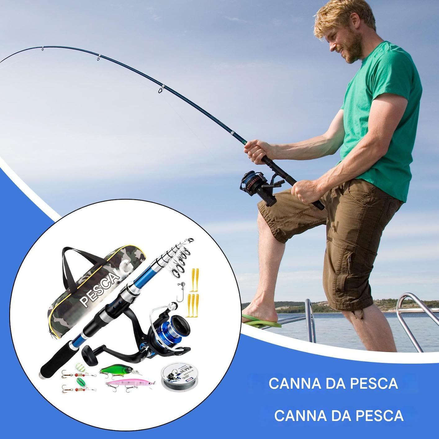 Combo Canna e Mulinello da Pesca Set Completo Con Lenze Ed Esca | Esche Rotanti Attrezzatura per Acqua e Salata Uomini e Donne Bass Trota Pesce Gatto
