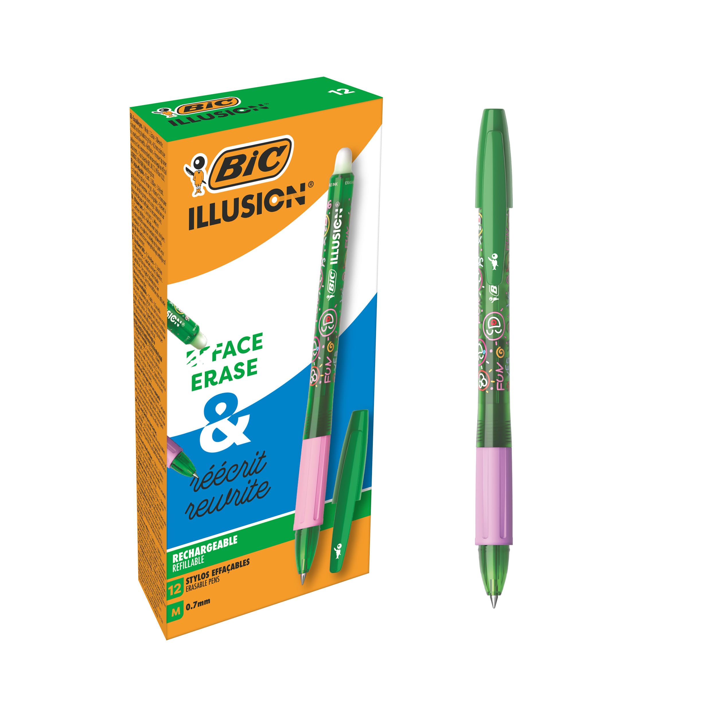 BIC Illusion Erasable & Refillable Medium Point Pens (0.7mm) - Green Ink, Box of 12