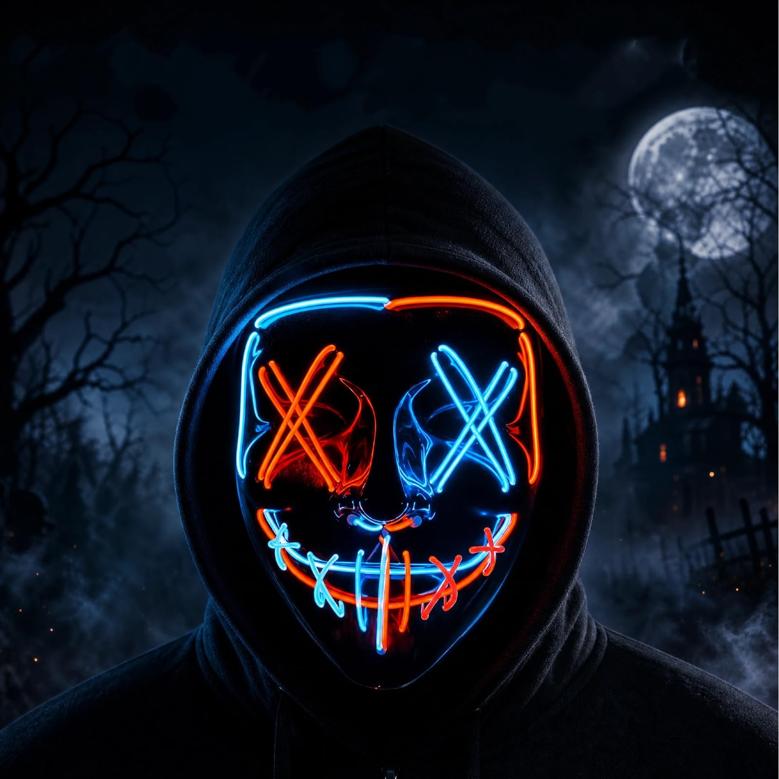 Halloween LED Mask, Scary LED Purge Mask, Glow Light Up Mask, EL Wire Scary Mask with 3 Modes, Neon Glow Scary Halloween Mask Masquerade Costume Accessory for Festival Cosplay Rave Halloween Party