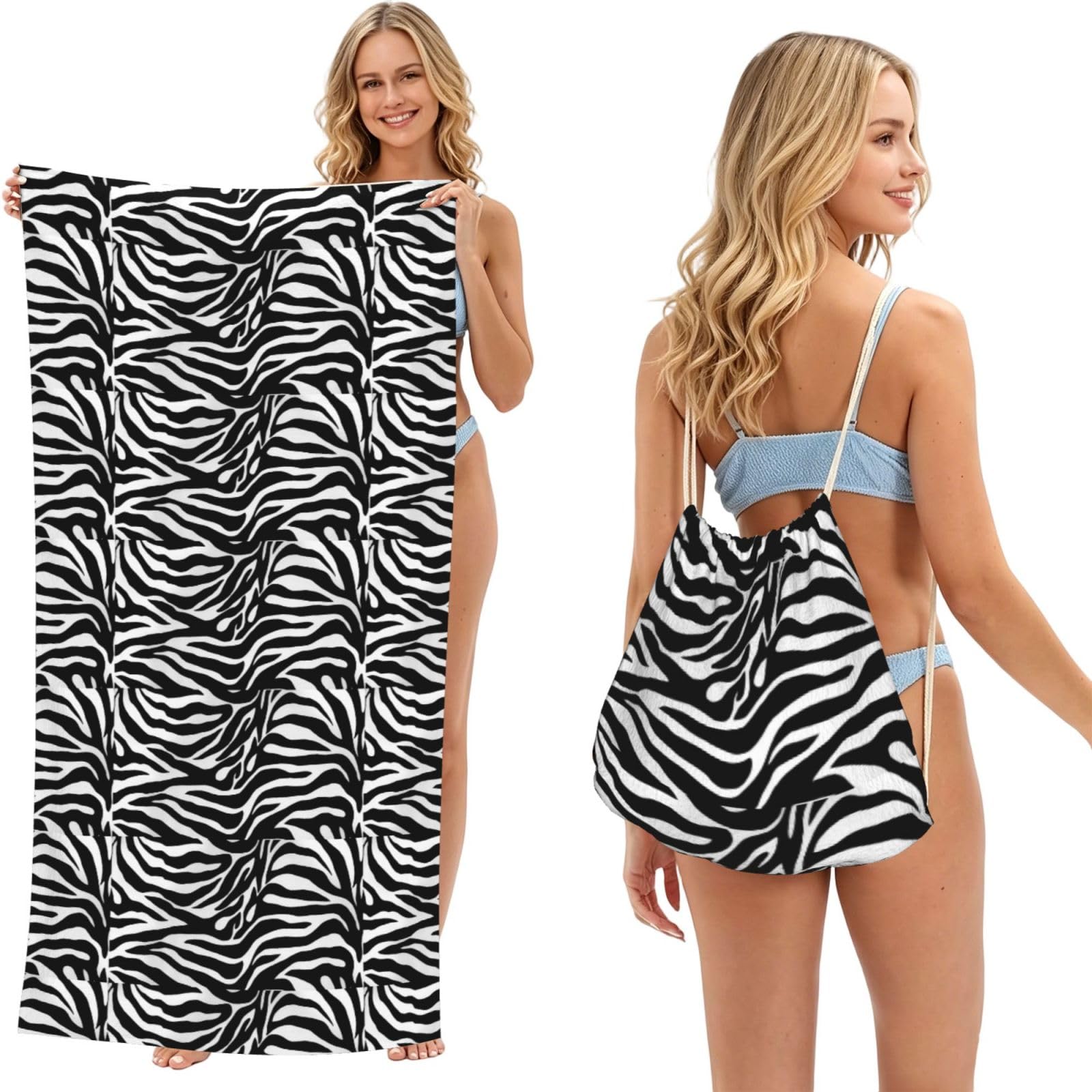 Poadnly As Picture Zebra Print, 2 In 1 Packable Towel Bag, Beach Towels With Drawstring Backpack For Travel Holiday Camping