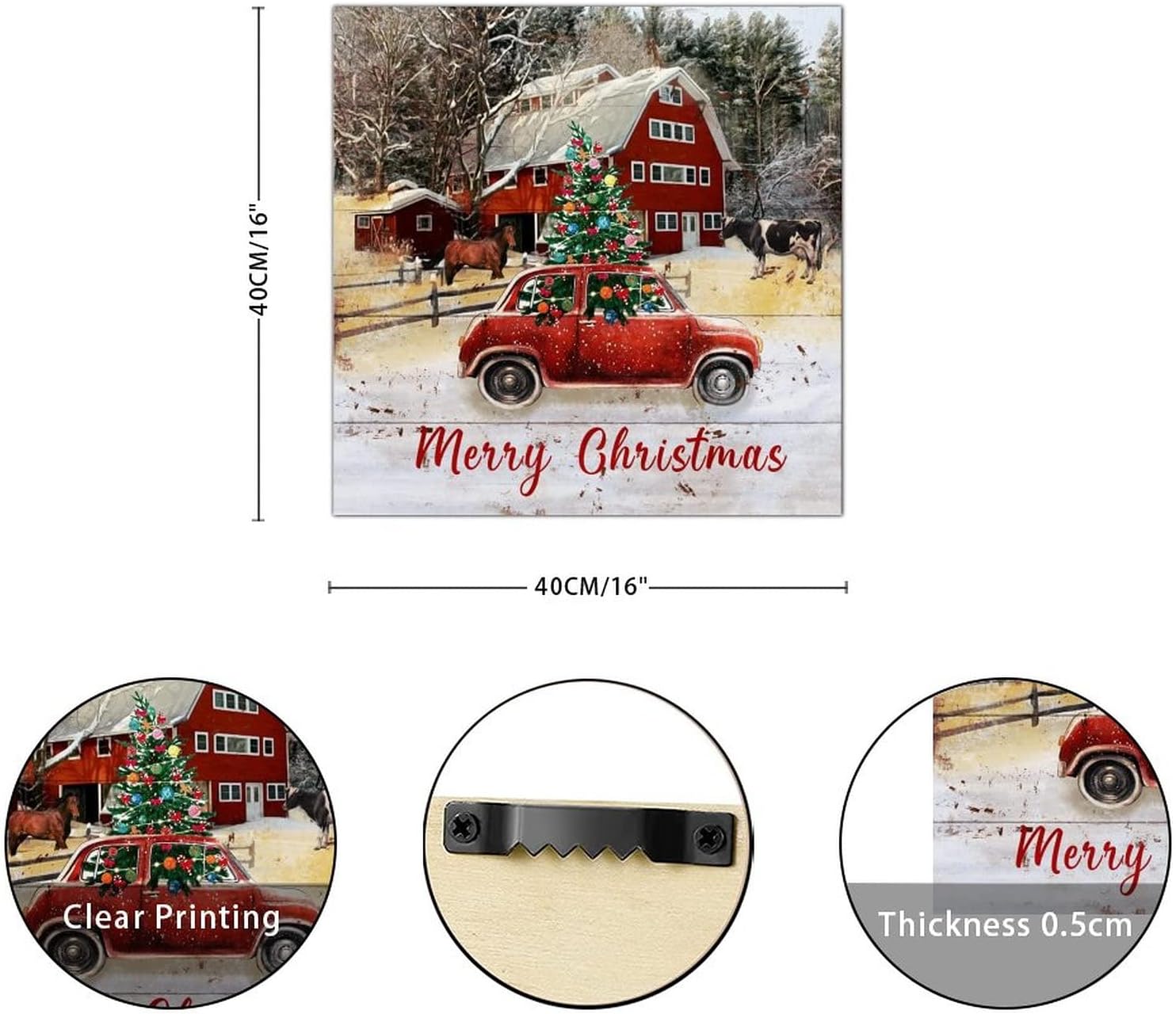 Merry Christmas Farm Barn Wood Sign Farm Horse Cow Red Truck Hanging Wall Art Sign Retro Merry And Bright Wood Hanging Sign Decor For Home Bathroom Indoor Kitchen Garden Housewarming Gift 16x16in