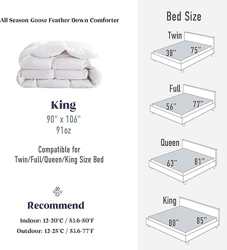 Miniatura 7 de puredown Edredón de plumas de ganso tamaño King  Relleno de edredón para todas las estaciones, edredón de colección de hotel ultrasuave, funda de