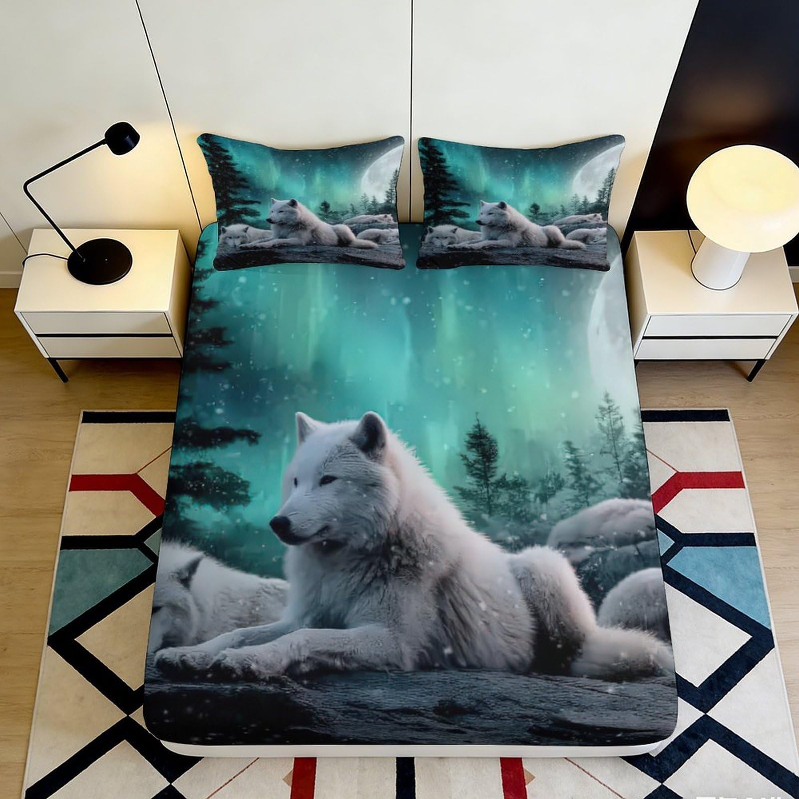 3D Printed Aurora Wolf Fitted Sheet Microfiber Deep Pocket Non-Slip Aurora Wolf Mattress Fitted Cover Bedding for All Ages 160x200x25cm