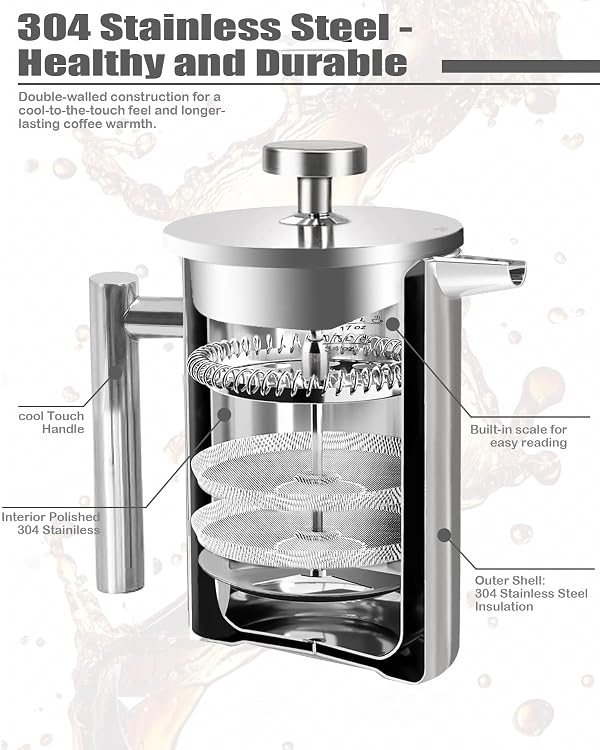 LRYYBTI French Press Coffee Maker, Stainless Steel Coffee Press with scale lines (Silver, 17 OZ) by LRYYBTI - Image 4