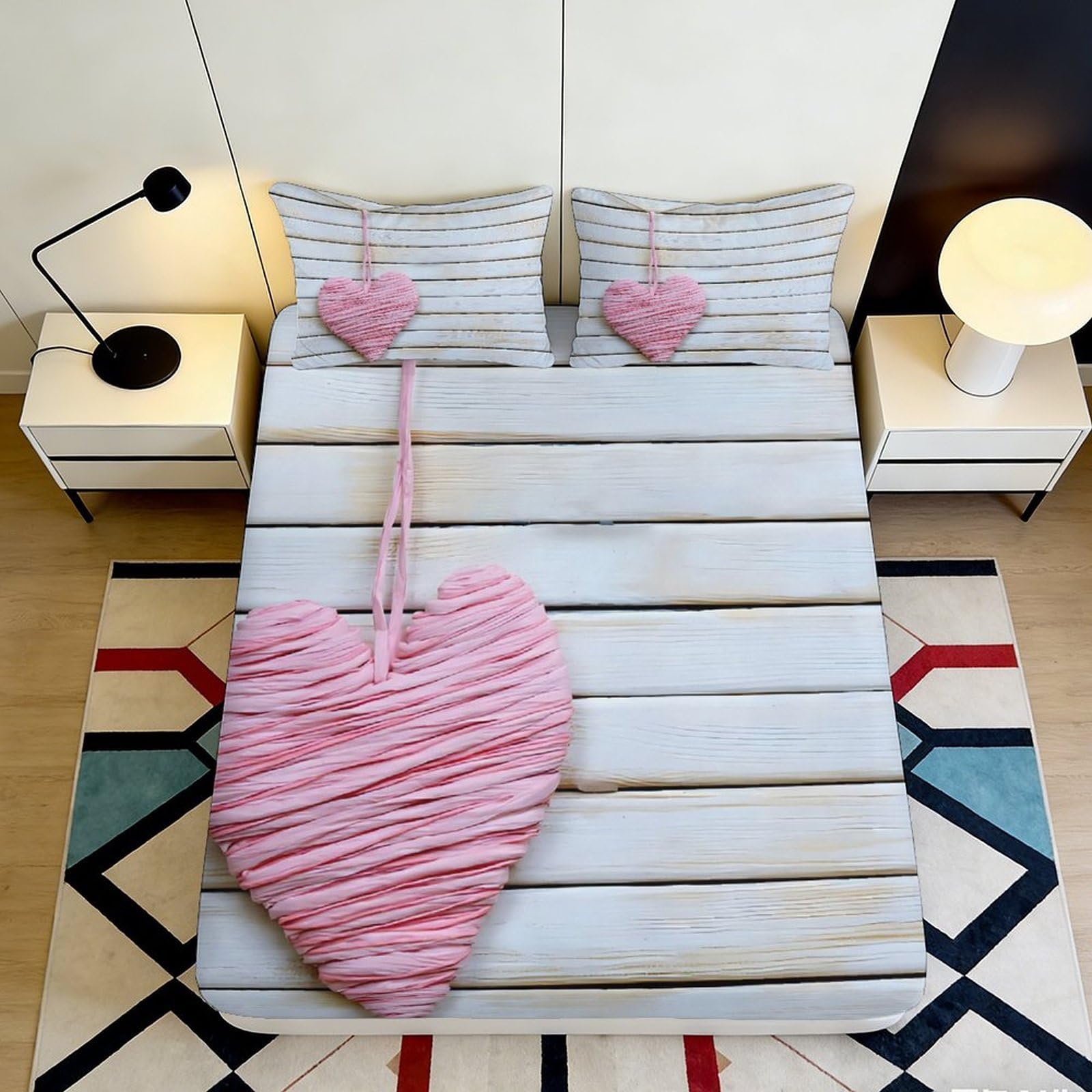 3D Printed Pink Heart Wooden Board Fitted Sheet Microfiber Soft Breathable Bed Cover for Bedroom Dorm Mattress Decor 90x200x25cm