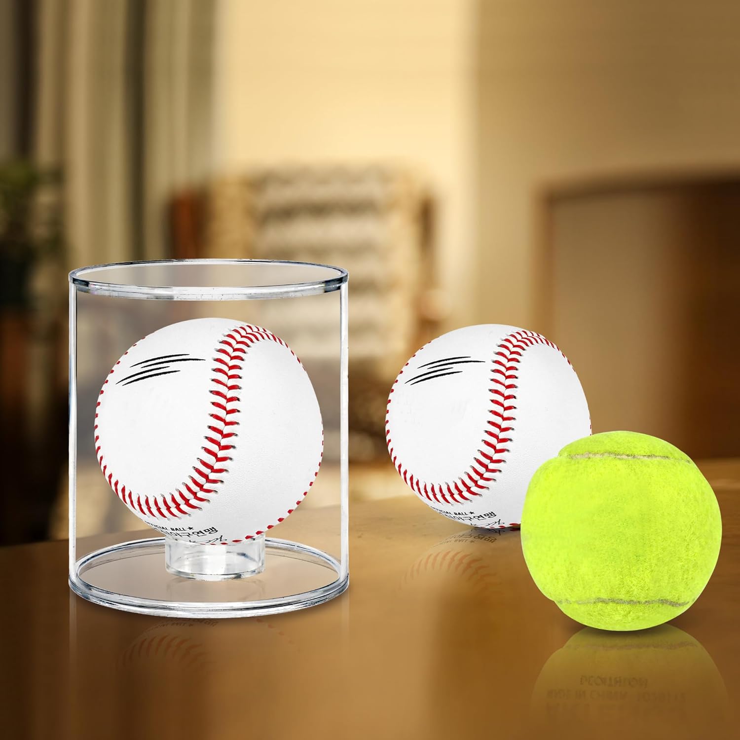 Baseball Display Case Cylinder,Larger Acrylic Display Case 3.5" Dia with Interior Replaceable Baseball Ring Holder & 2 Size-Varied Coin Holders (Round 4 Pack)