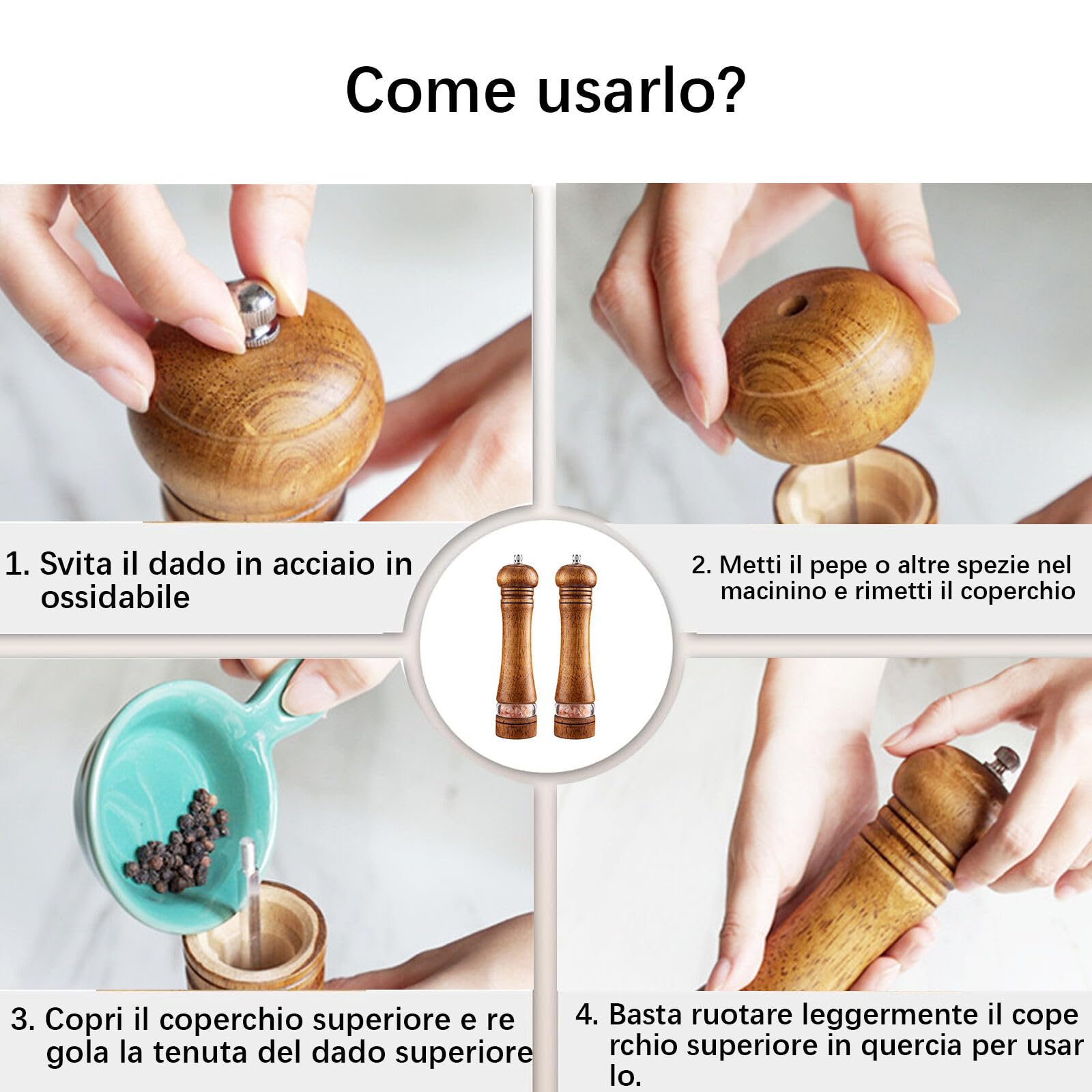 Macina Pepe Set di 2 Pezzi Legno,Macina Sale e Pepe Manuale con Trasparenti Finestra in Acrilico,Saliera e Pepiera con Regolabile Macinino in Ceramica per Sale, Pepe, Spezie,Macinapepe Manuale