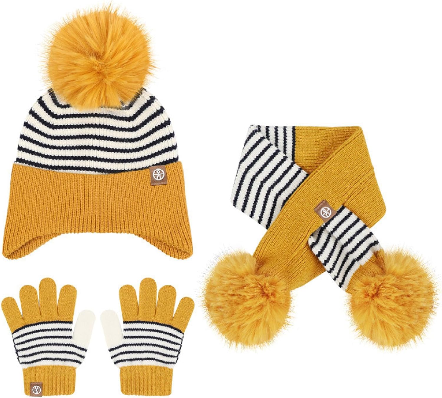 Children's Hats, Scarves, Gloves, Three-Piece Sets, Autumn and Winter Striped Warm Fur Balls, Knitted Ear Protectors