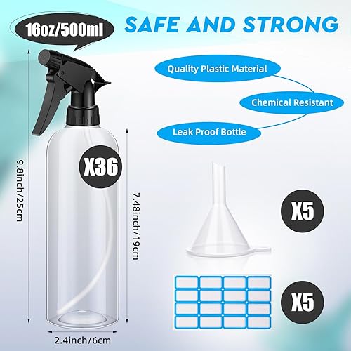 Miniatura 2 de Lallisa 36 botellas de plástico de 16 onzas a prueba de fugas, botellas vacías para soluciones de limpieza, botella rociadora de agua con boquilla,