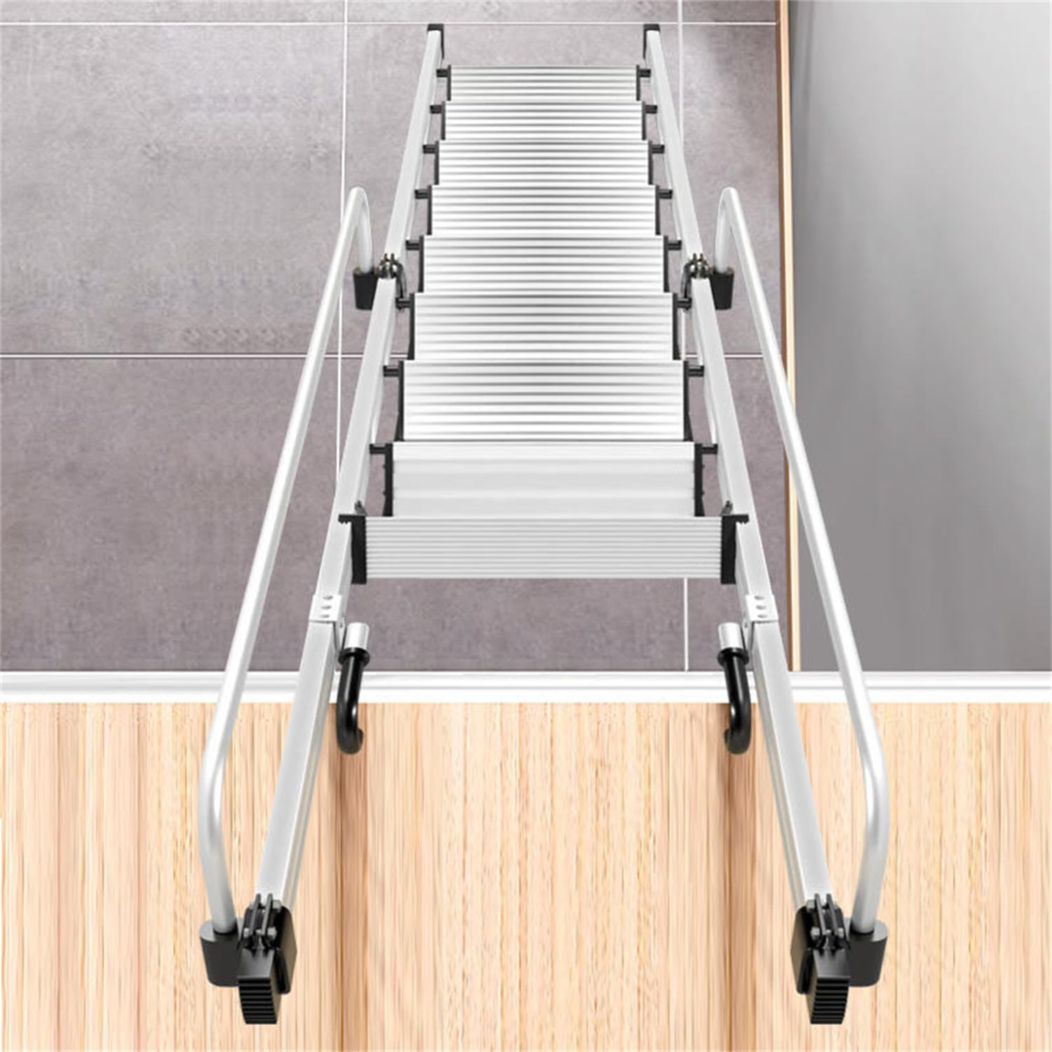 Aluminum Alloy Folding Attic Stairs, Library Ladder with Adjustable Handrail,Bunk Bed Ladder,High Load Emergency Egress Ladder,Heavy Duty Roof Garage Loft Ladder,9 Step