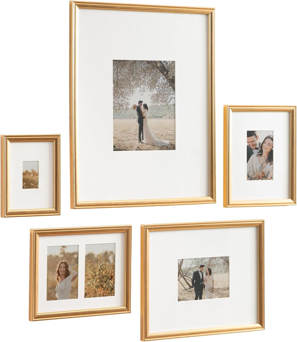 Adlynn Juego de marcos de fotos tradicionales, juego de 5, diferentes tamaños, dorado vintage, colección clásica de marcos de pared con plantilla para colgar para exhibición de marcos de fotos de pared de galería