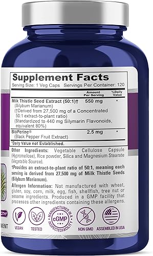 Miniatura 2 de NusaPure Extracto de cardo mariano 27,500 mg 120 cápsulas vegetales (extracto 501, sin OMG, sin gluten) Fuerza máxima - Silimarina estandarizada al