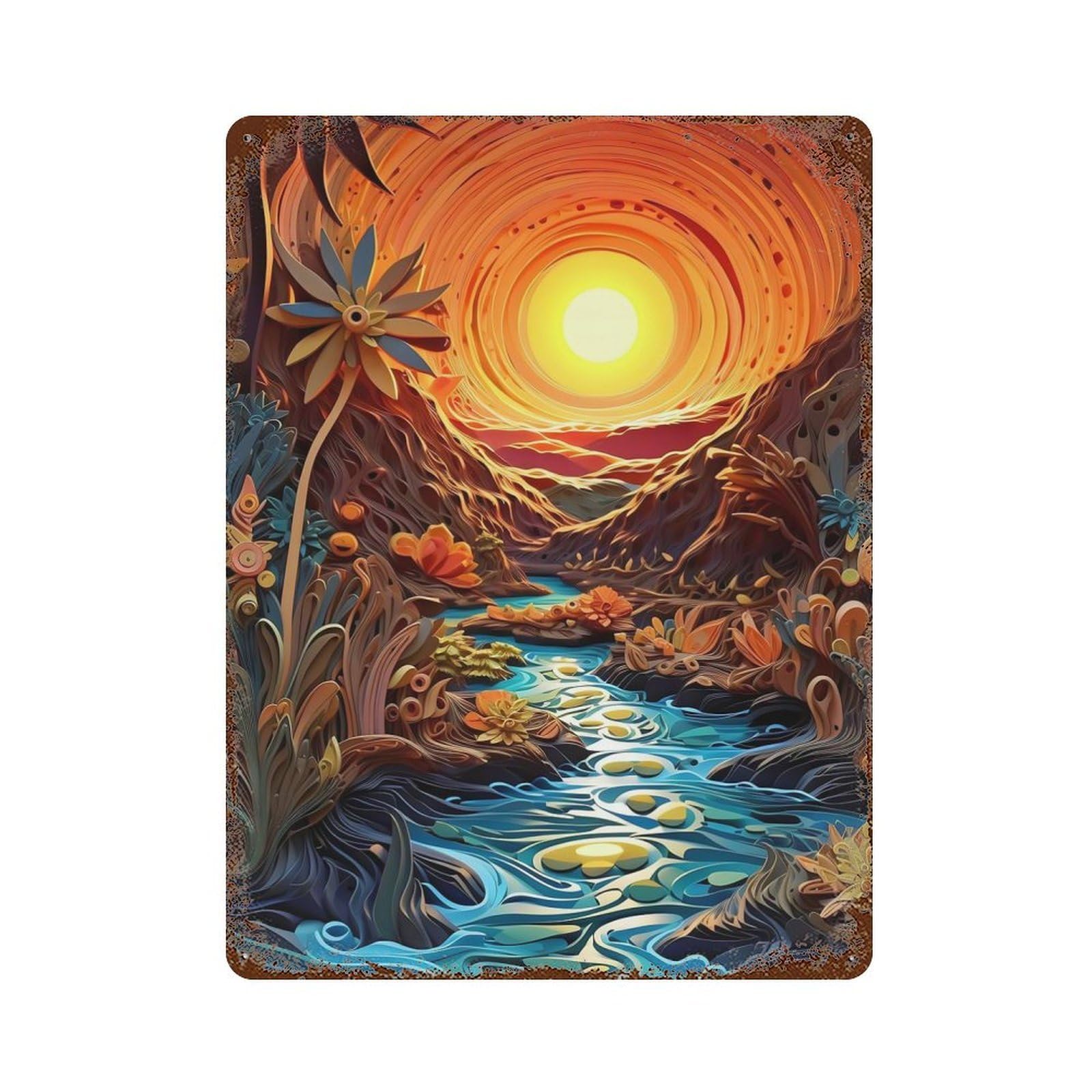 Sunset over The River Distressed Metal Wall Sign 15.7"x11.8", for Garage, Bar And Workshop Decor, Decorative Metal Wall Art