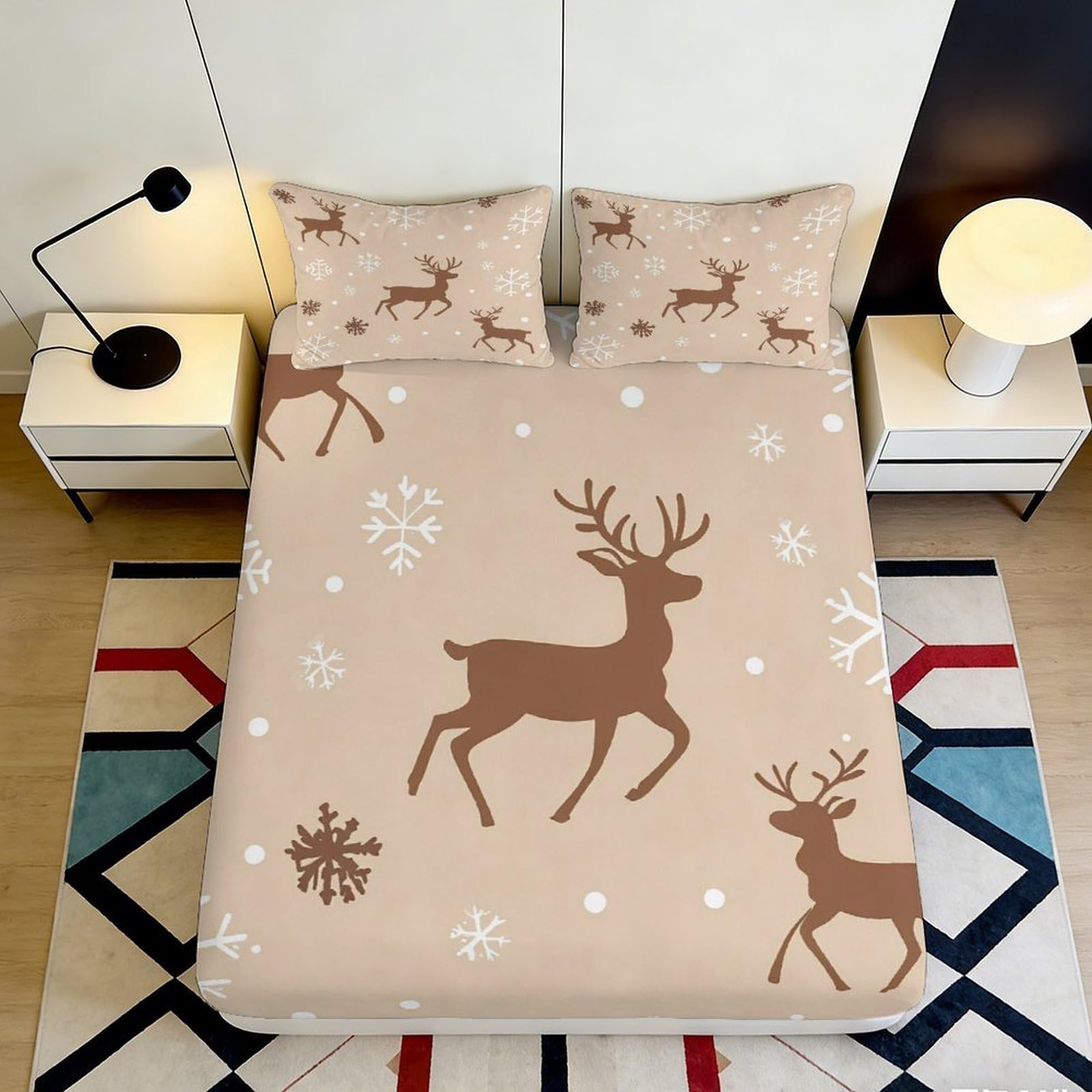 3D Printed Reindeer Pattern Fitted Sheet Microfiber Soft Breathable Snowflake Bed Cover for Bedroom Dormitory Guest Room Mattress Protection 120x200x25cm