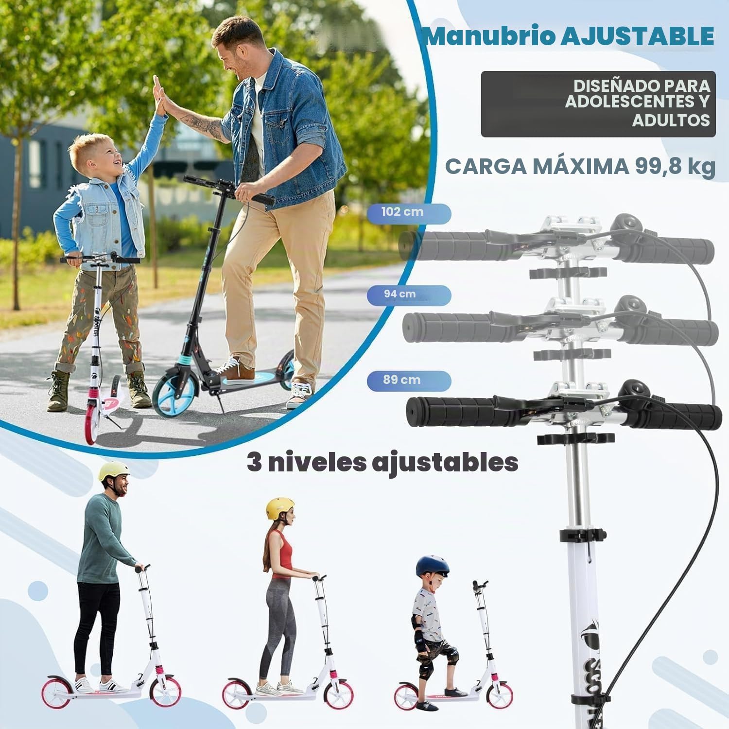 Patinete para niños de 8 a 12 años en adelante, freno de mano plegable rápido para adultos, patinete con correa de transporte y altura ajustable, ruedas grandes de 200 mm para adultos y adolescentes