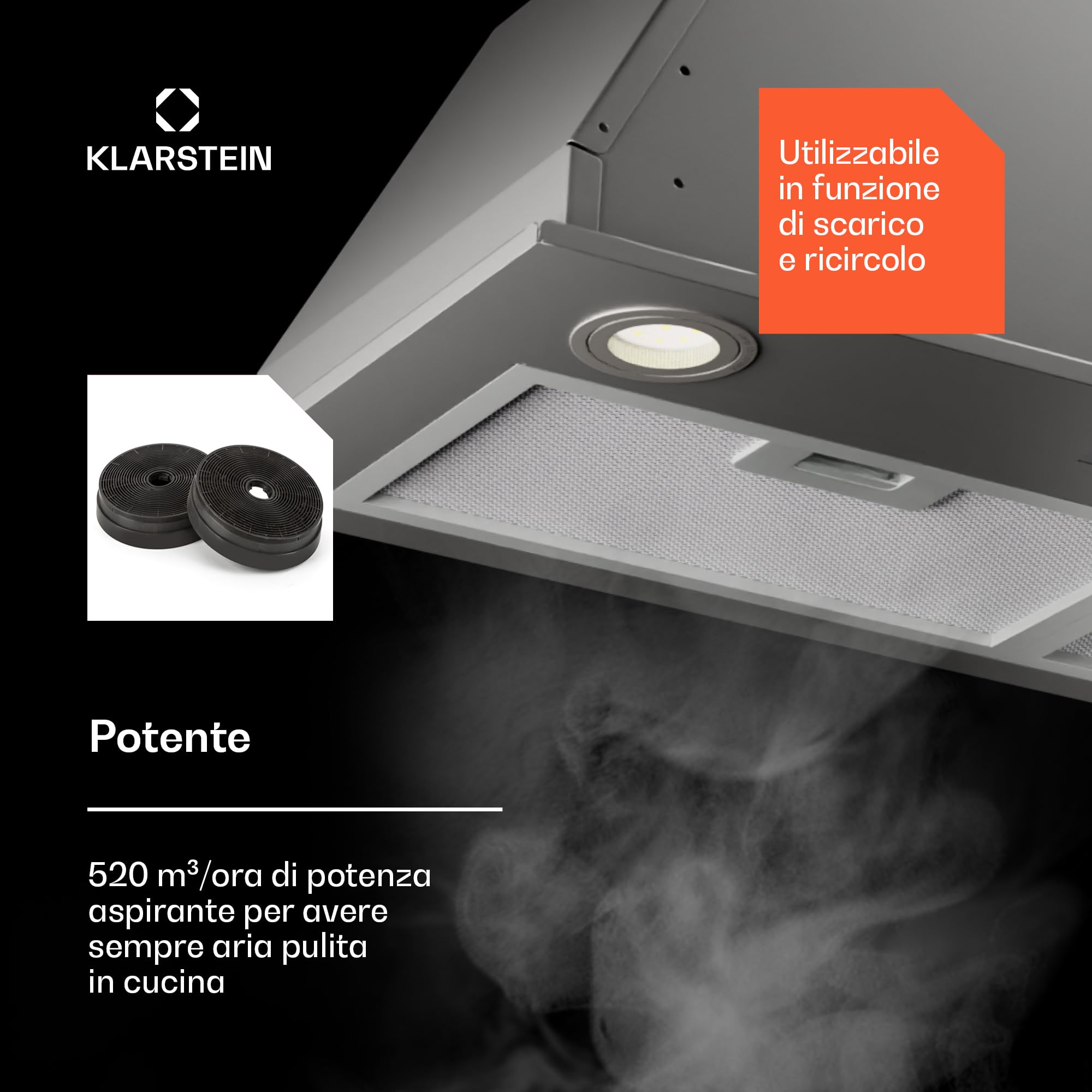 Klarstein Cappa Aspirante a Incasso 52cm, Cappa Cucina con Filtro, Cappa Aspirante Cucina in Alluminio, Cappa Incasso con Flusso d'Aria 439m³/h, Illuminazione LED, Timer, Cappa Aspirante Filtrante