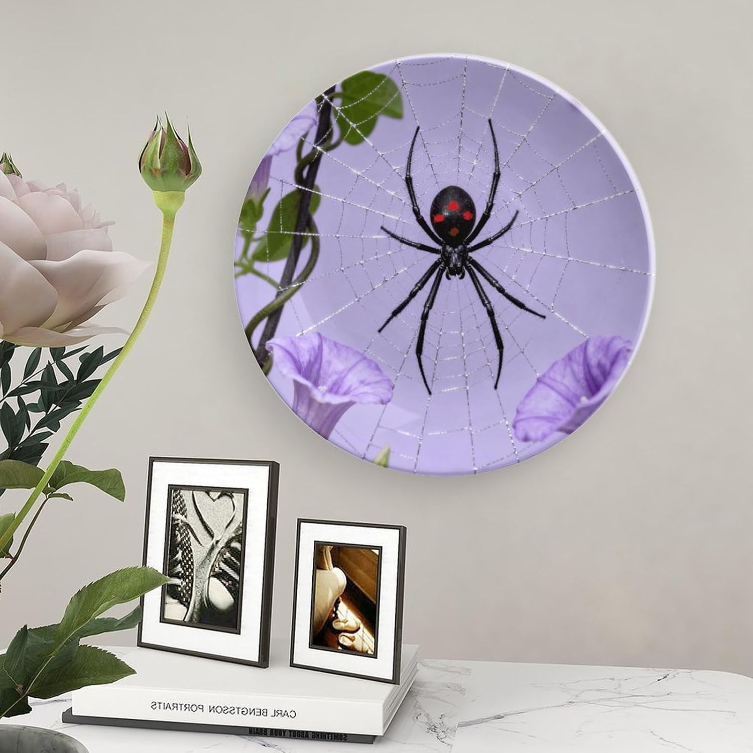 Black Widow on Purple Vine Decorative Plates Bone China Plates with Stand for Display 8inch Round Ceramic Dinner Plates Dessert Plate for Kitchen Party Coffee Table Decor Art