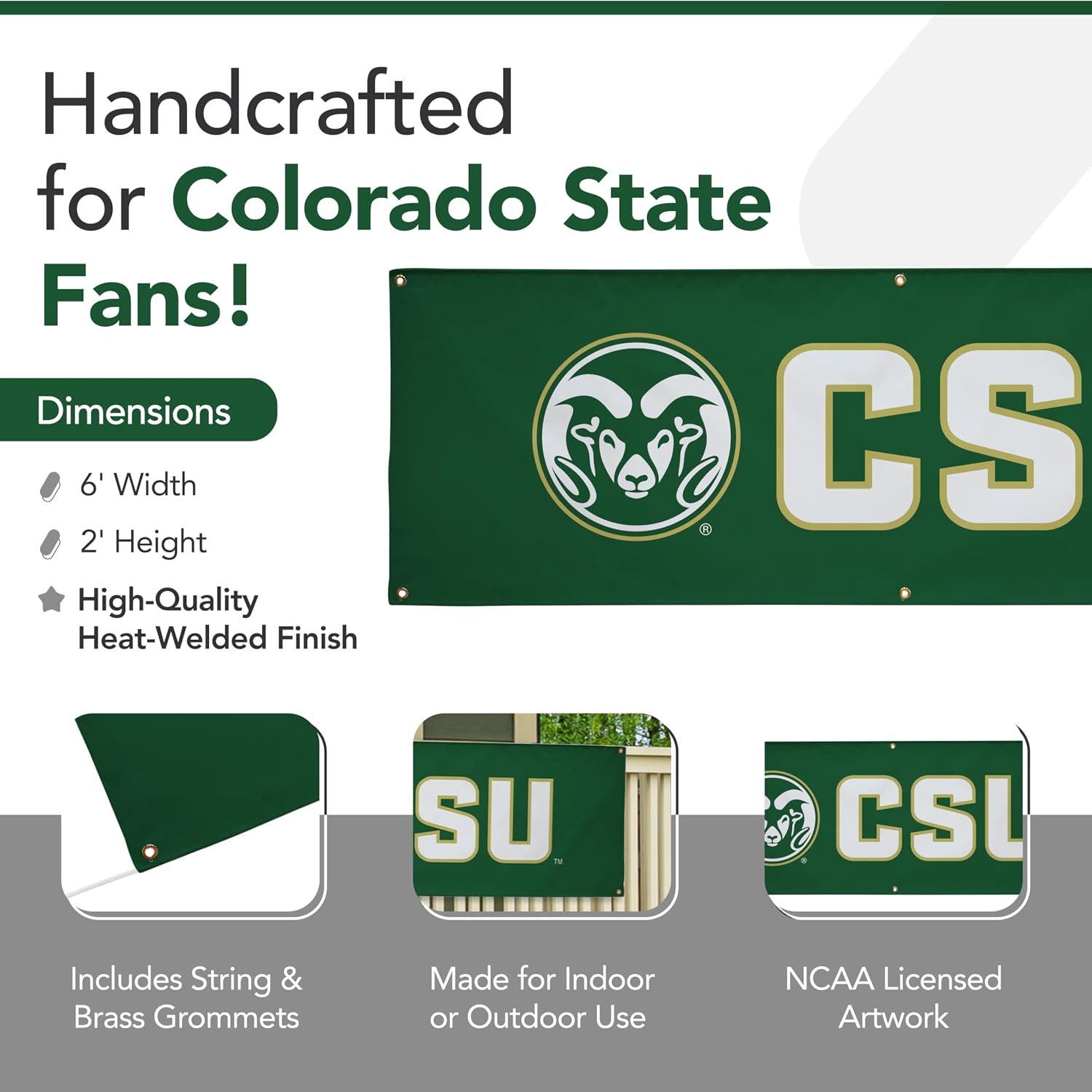 Colorado State Rams - Printed Outdoor School Banner - College Sports - NCAA Licensed - Durable Vinyl (Green, White) (2' x 6')